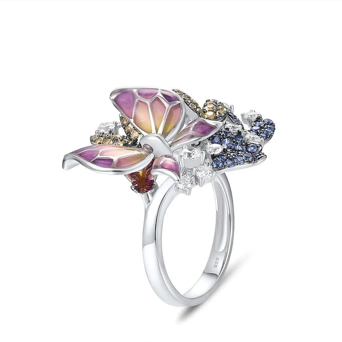 Delicate Blue and Yellow Diamond Butterfly Ring
