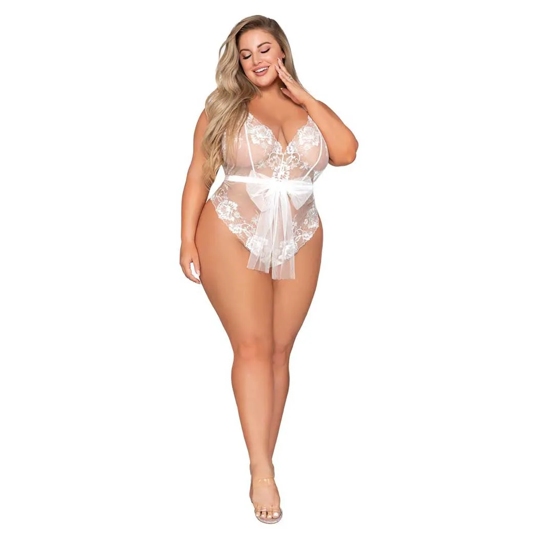 Dreamgirl Open Back Halter Teddy with Delicate Embroidery & Gold Ring Details