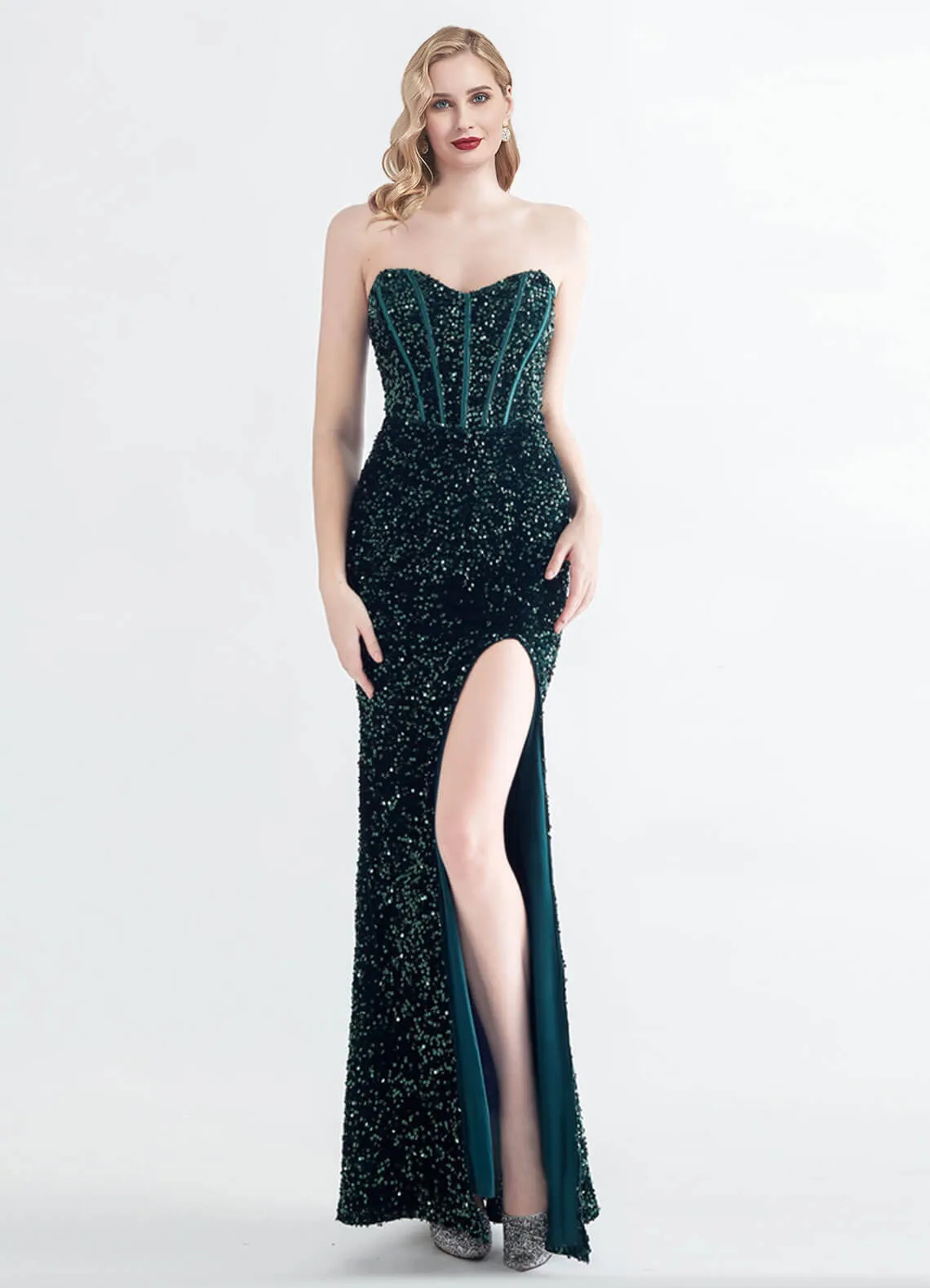 Emerald Green Sweetheart Strapless Luxury Sequin Mermaid Formal Gown