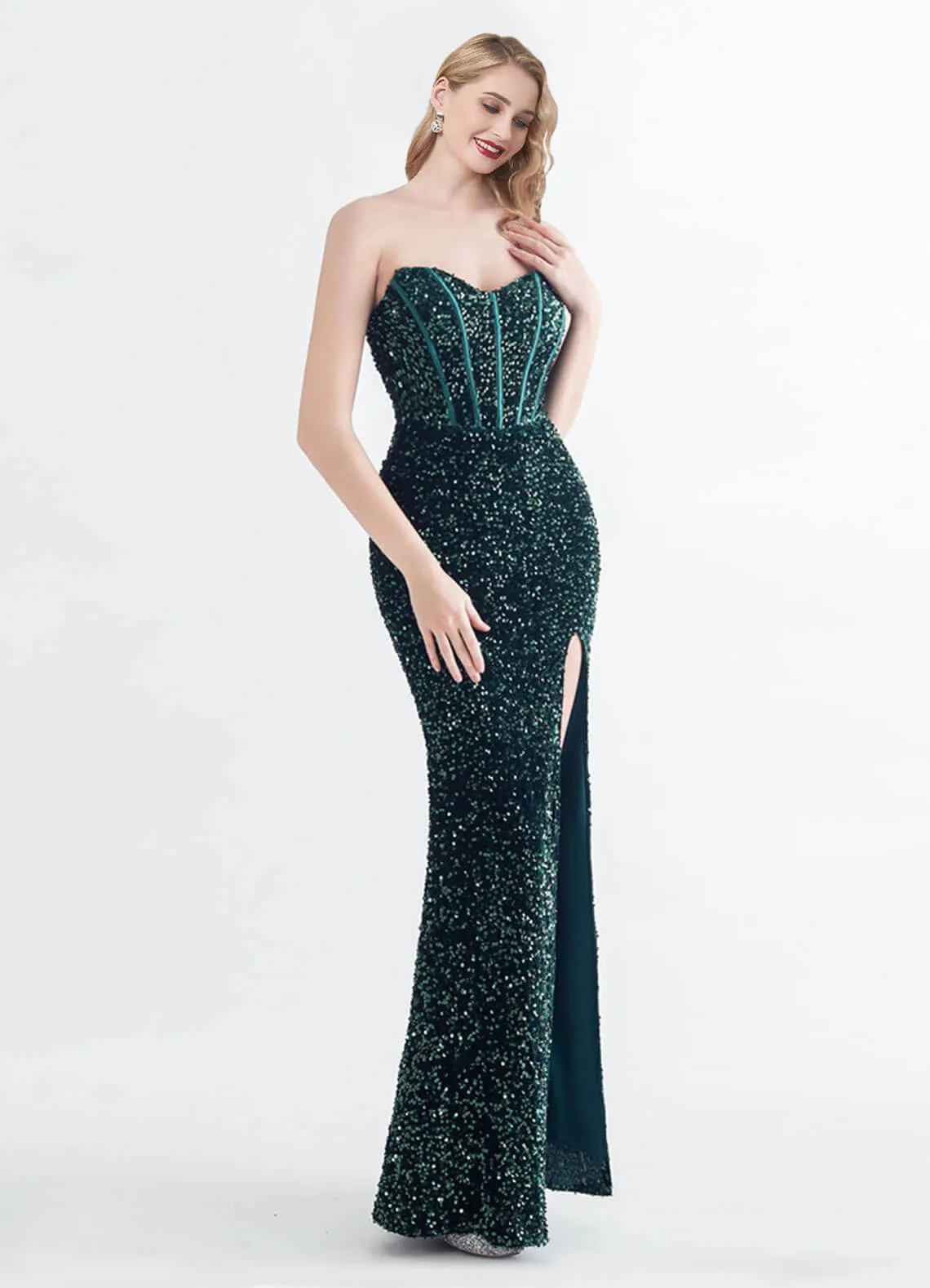 Emerald Green Sweetheart Strapless Luxury Sequin Mermaid Formal Gown