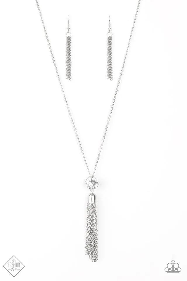 Five-Alarm FIREWORK - White - Oversized Gem and Tassel Paparazzi Long Necklace - November 2018 Fiercely 5th Avenue