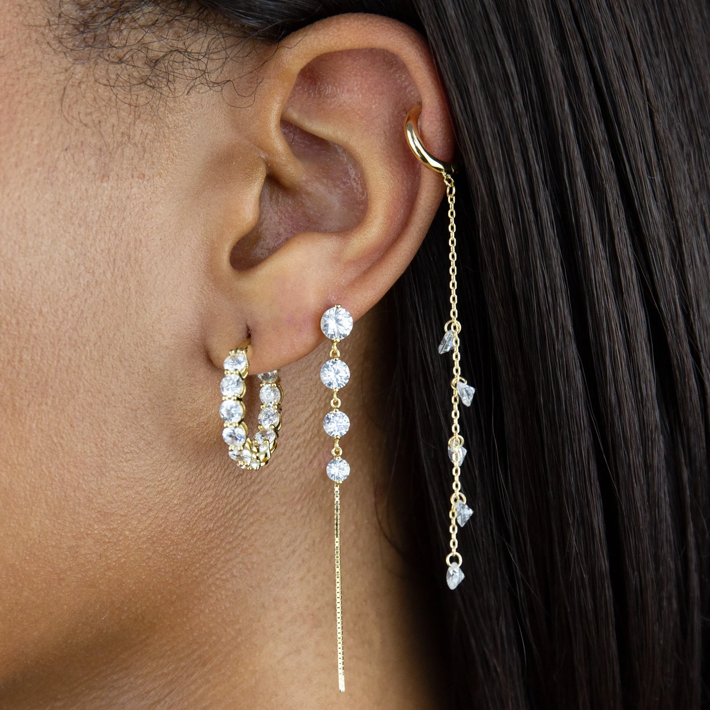 Floating CZ Chain Drop Huggie Earring