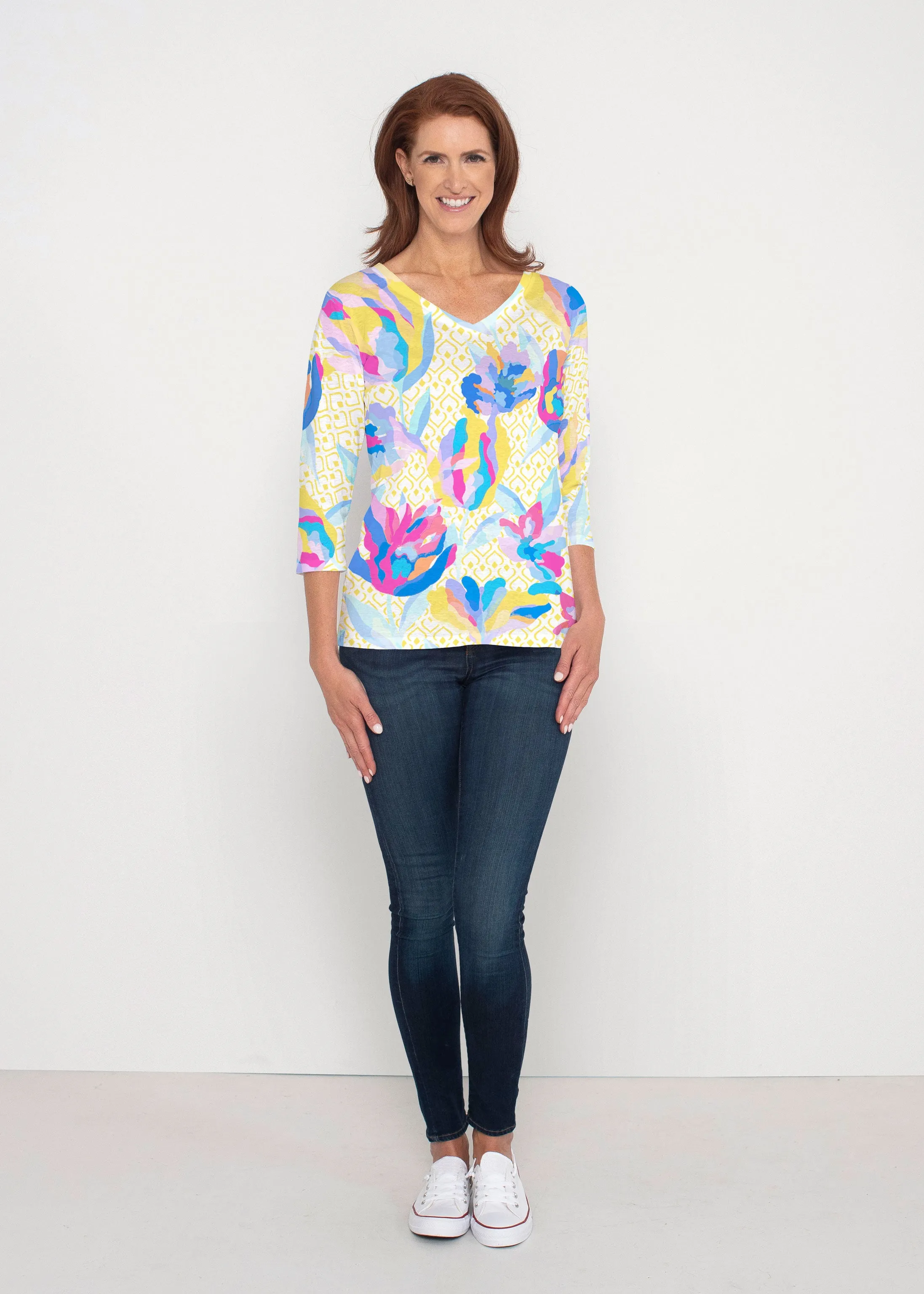 Floral Spades (8048) ~ Signature 3/4 Sleeve V-Neck Top
