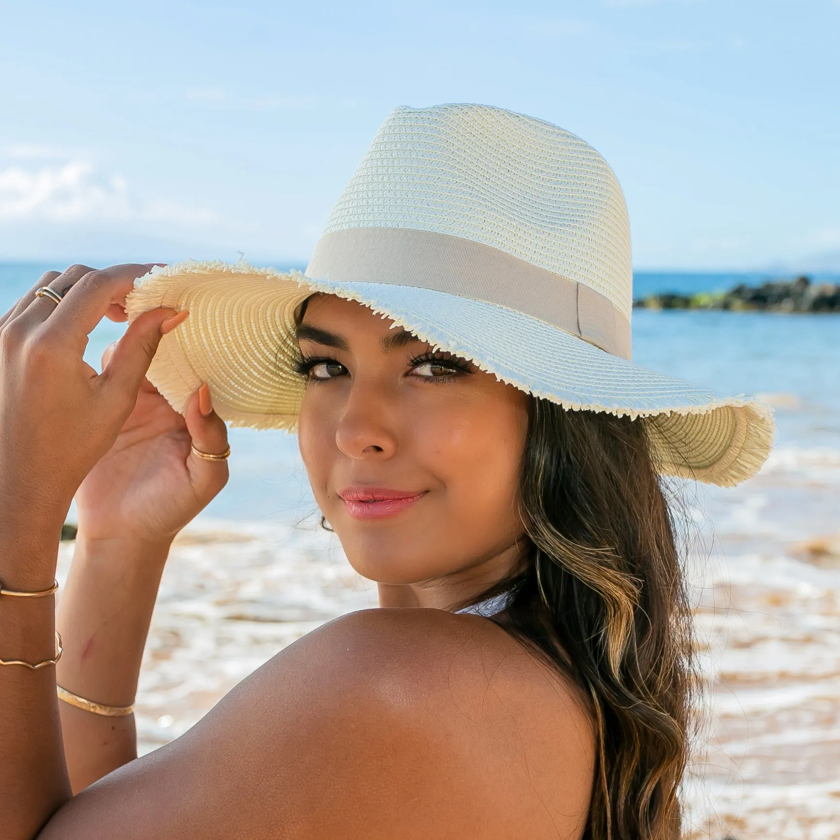 Fray Edge Ribbon Accent Panama Hat