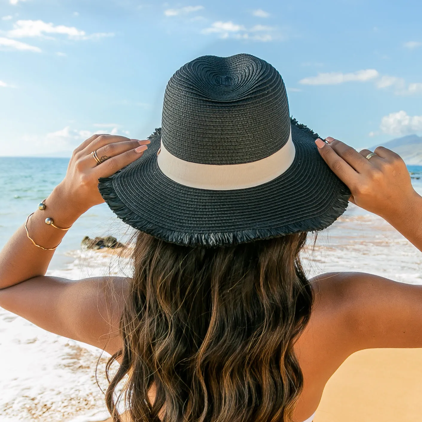 Fray Edge Ribbon Accent Panama Hat