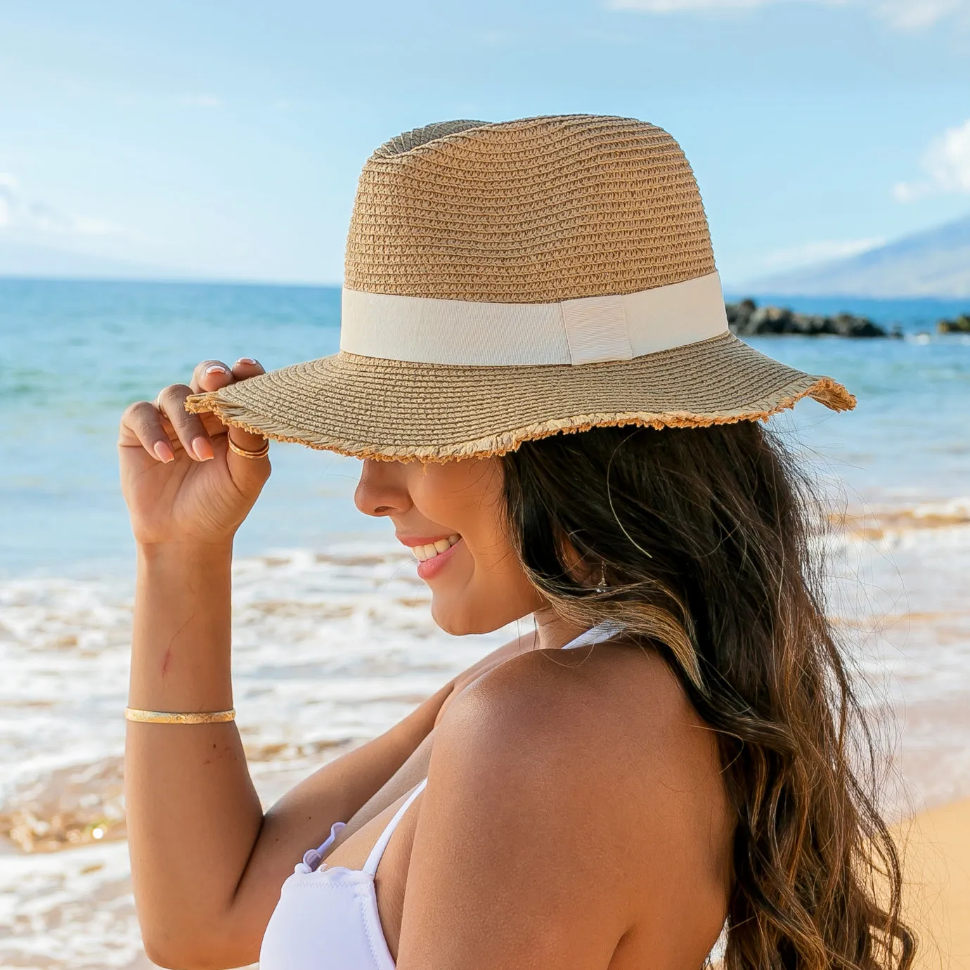 Fray Edge Ribbon Accent Panama Hat