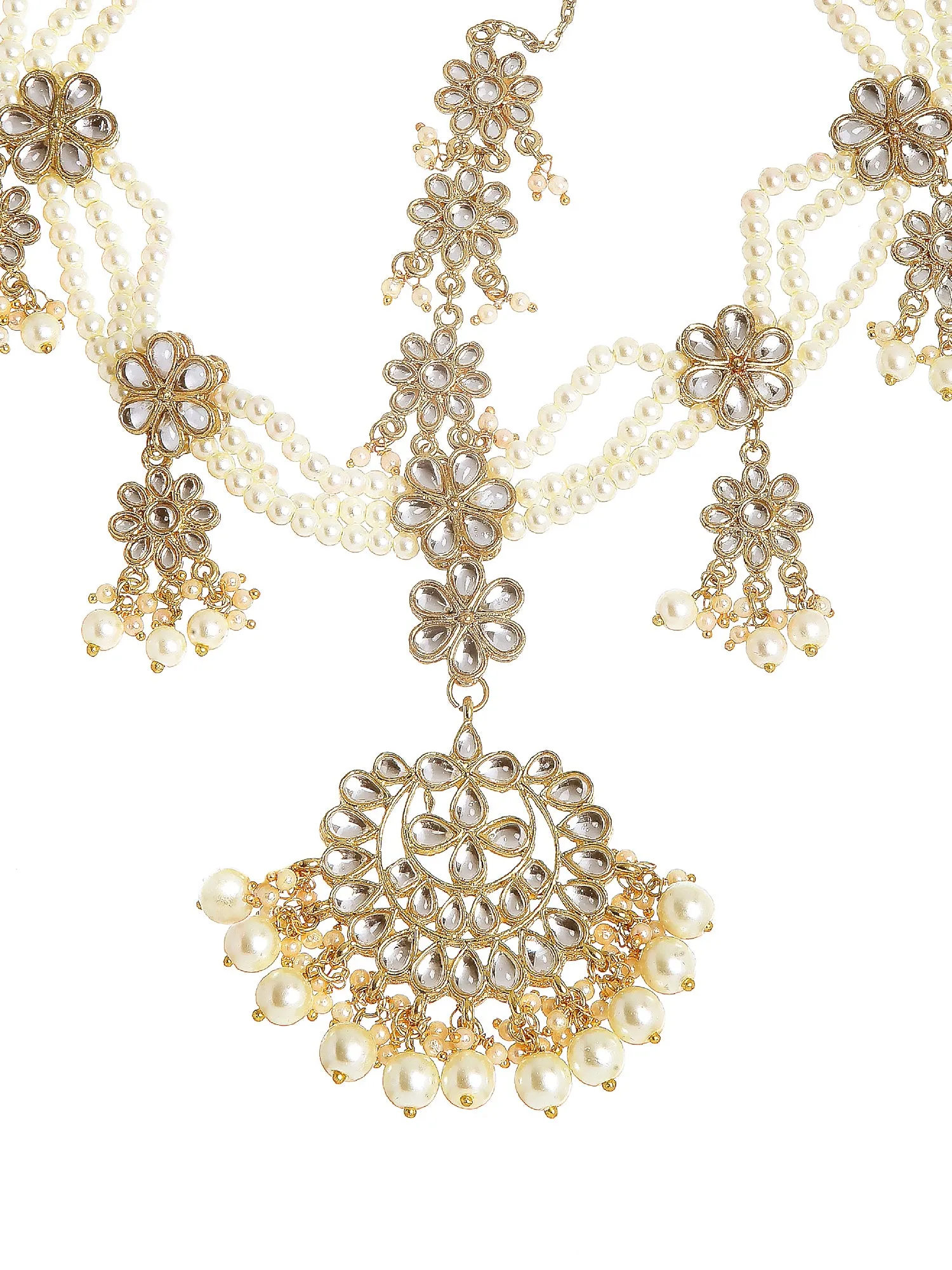 Gold Plated Kundan and Pearl Beaded Sheeshphool for Women