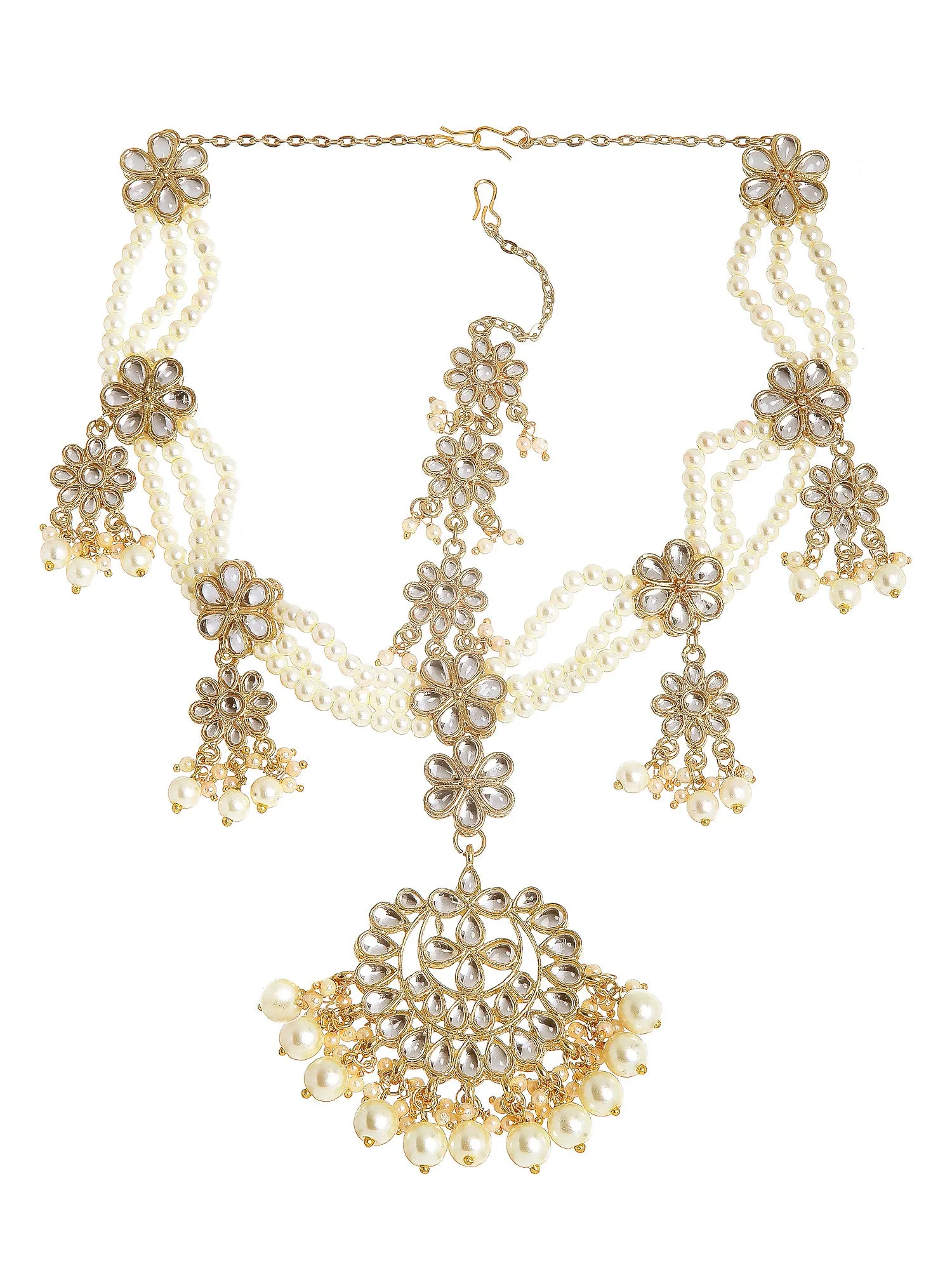 Gold Plated Kundan and Pearl Beaded Sheeshphool for Women