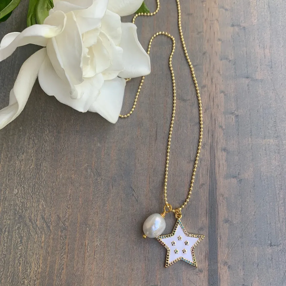 Gold Plated Necklace with a Star Pendant a Fresh Water Pearl 350-09 | Erika Williner Designs