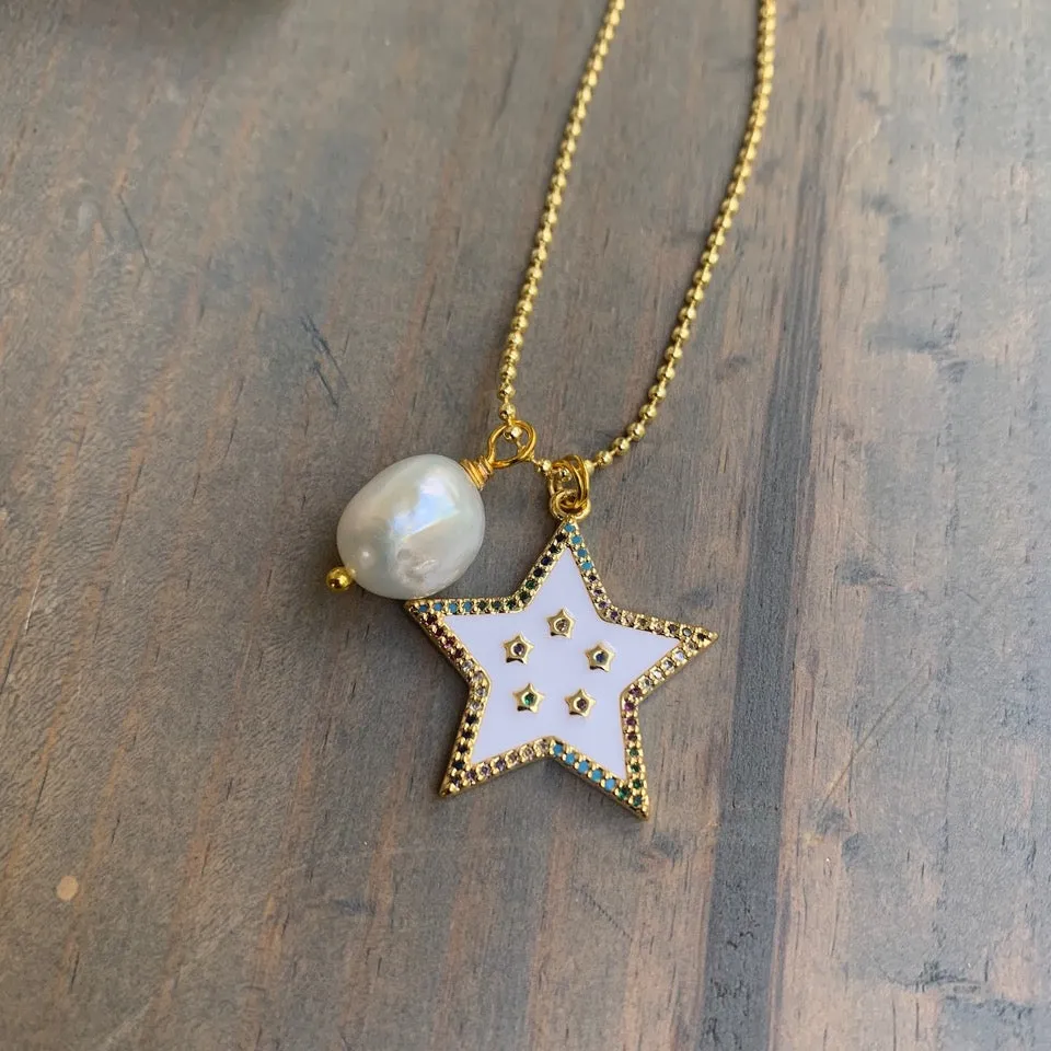 Gold Plated Necklace with a Star Pendant a Fresh Water Pearl 350-09 | Erika Williner Designs