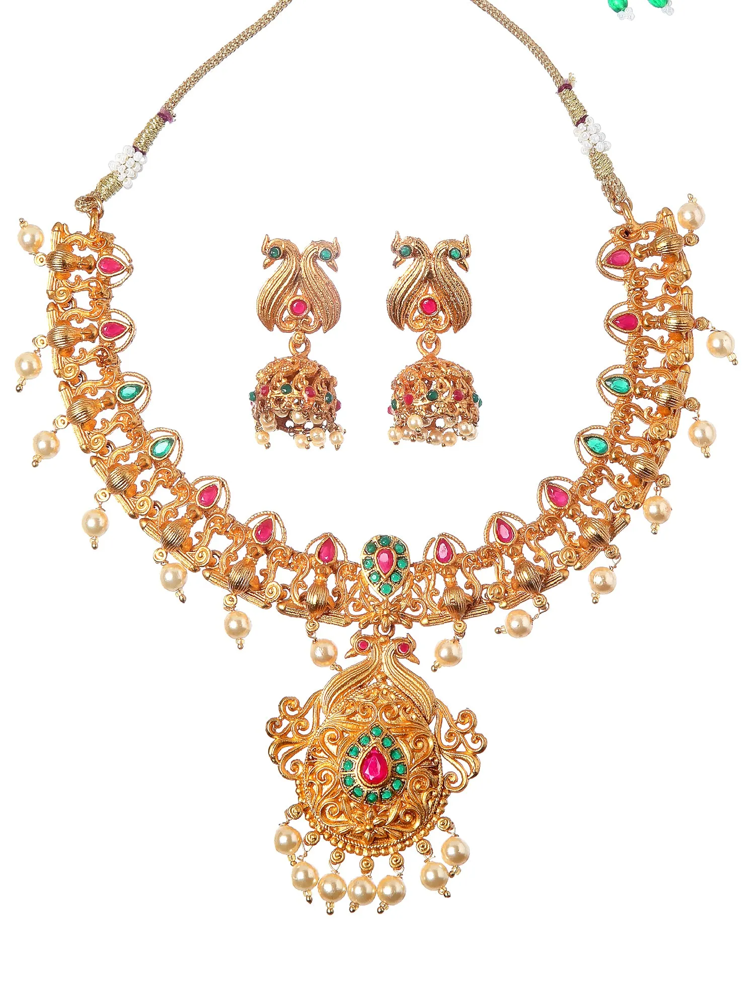 Gold-Plated Pink & Green Stone-Studded Temple Jewellery Set