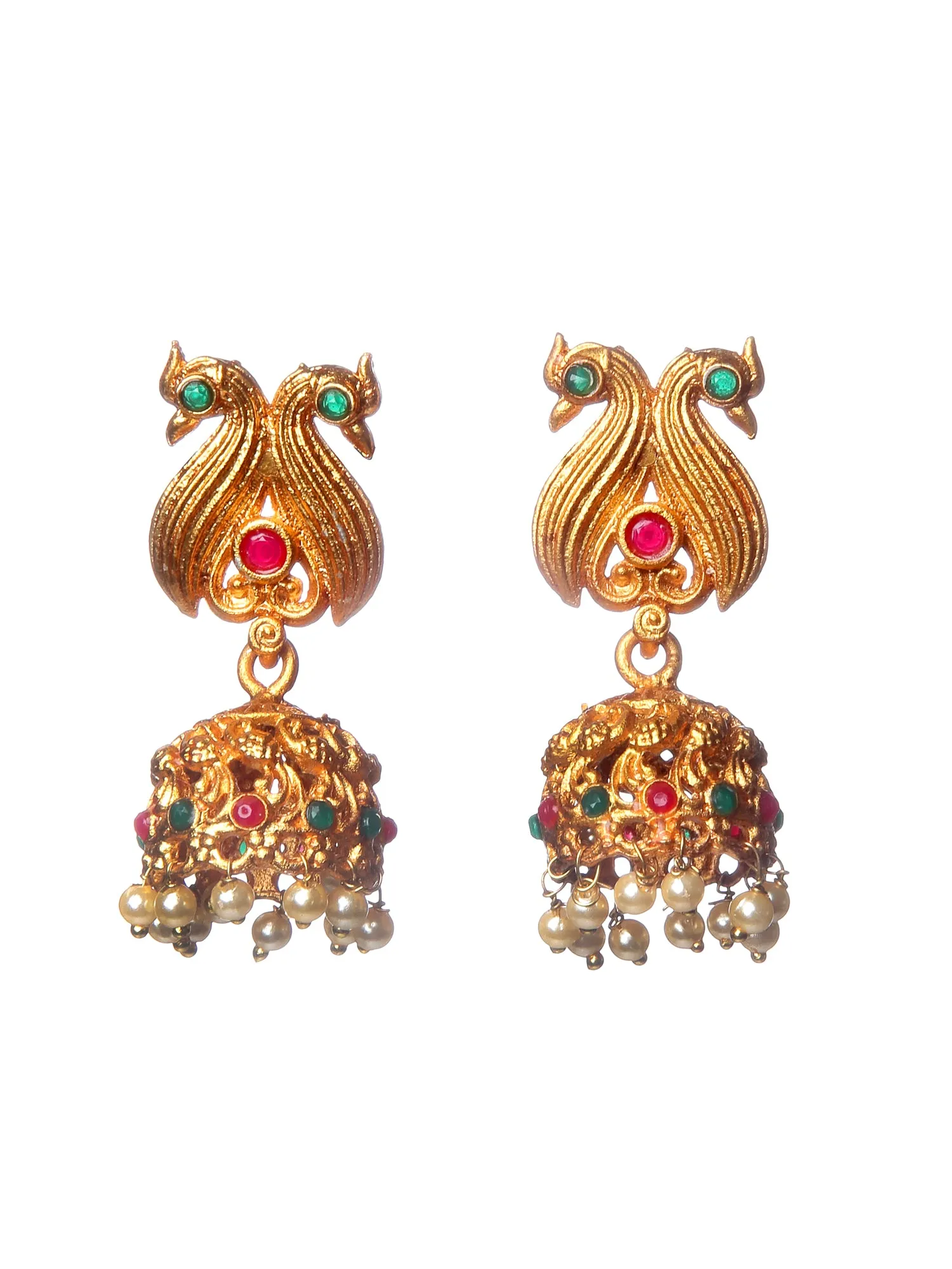 Gold-Plated Pink & Green Stone-Studded Temple Jewellery Set