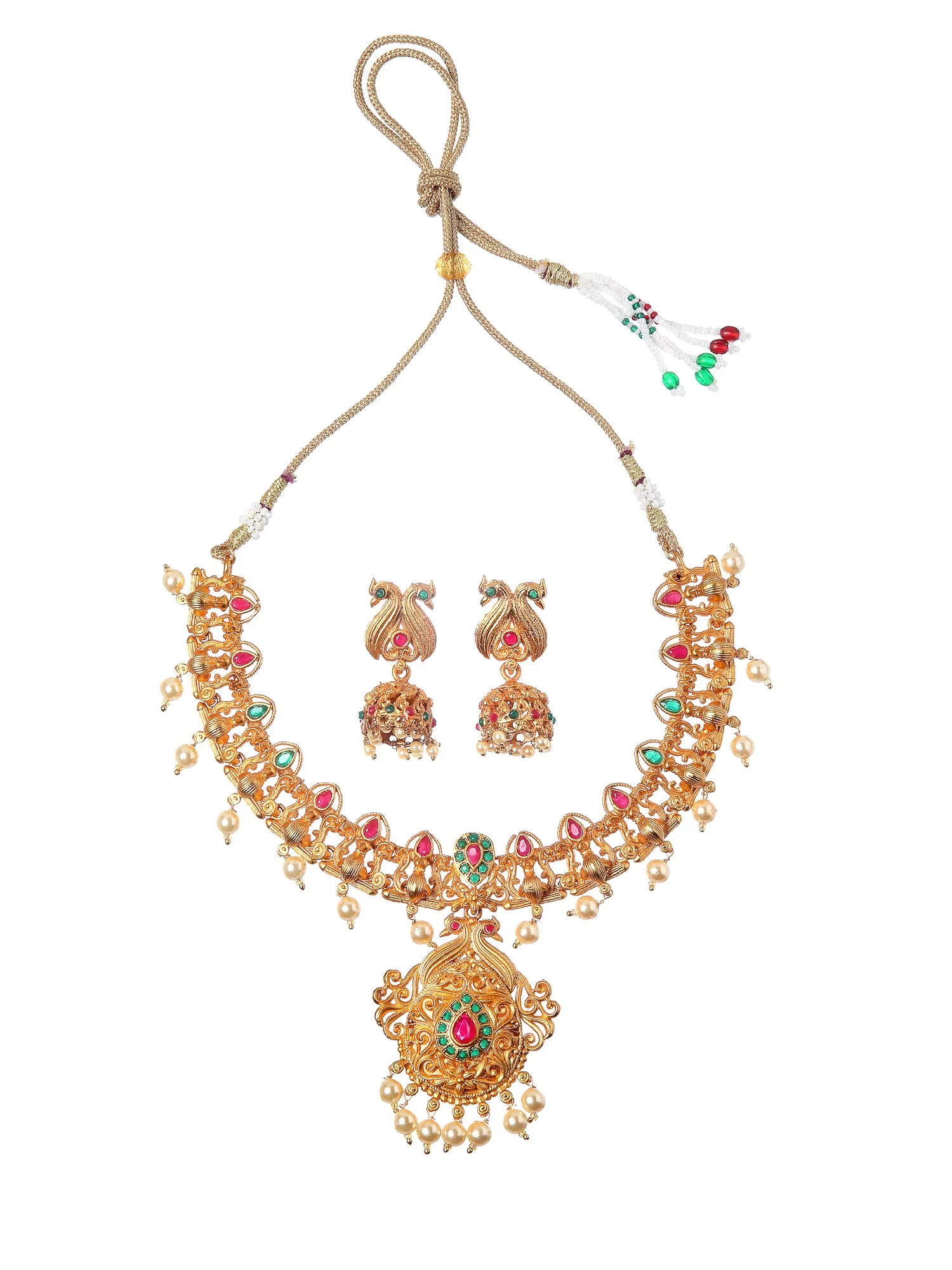 Gold-Plated Pink & Green Stone-Studded Temple Jewellery Set