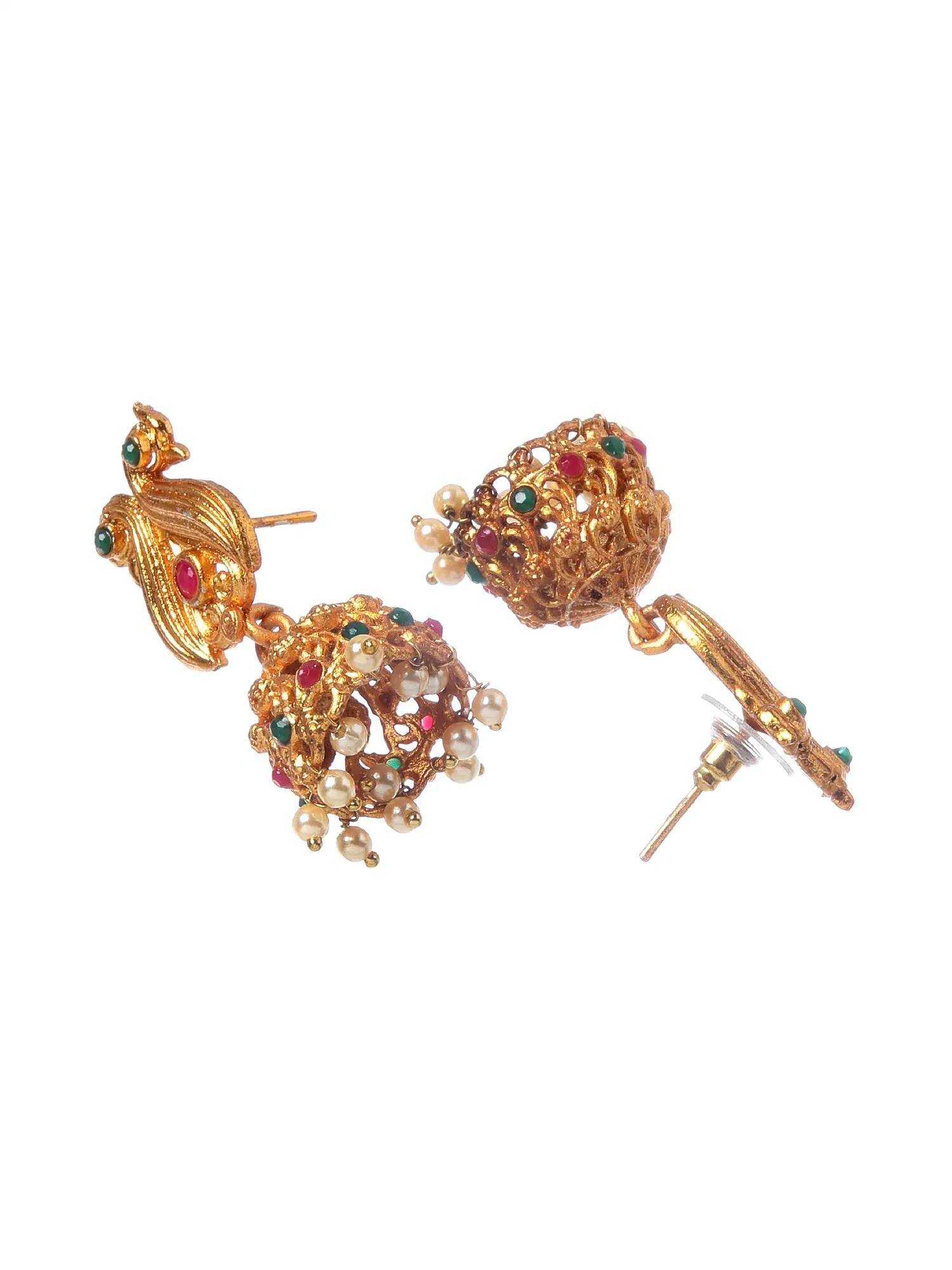 Gold-Plated Pink & Green Stone-Studded Temple Jewellery Set