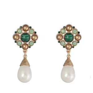 Green Cubic Zirconia & Pearl 18K Gold-Plated Teardrop Drop Earrings
