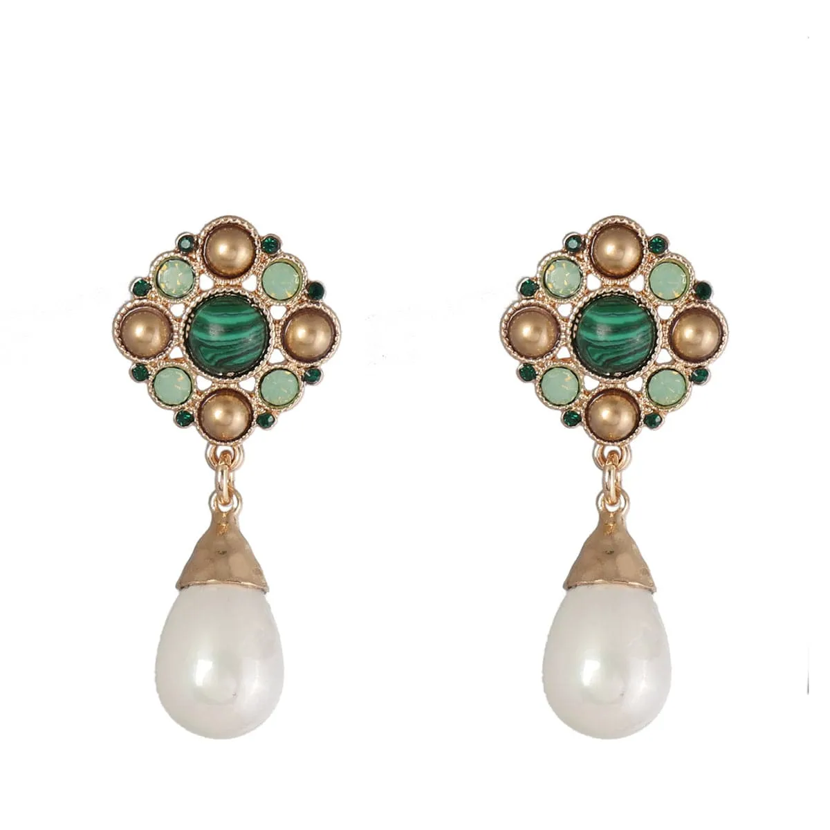Green Cubic Zirconia & Pearl 18K Gold-Plated Teardrop Drop Earrings