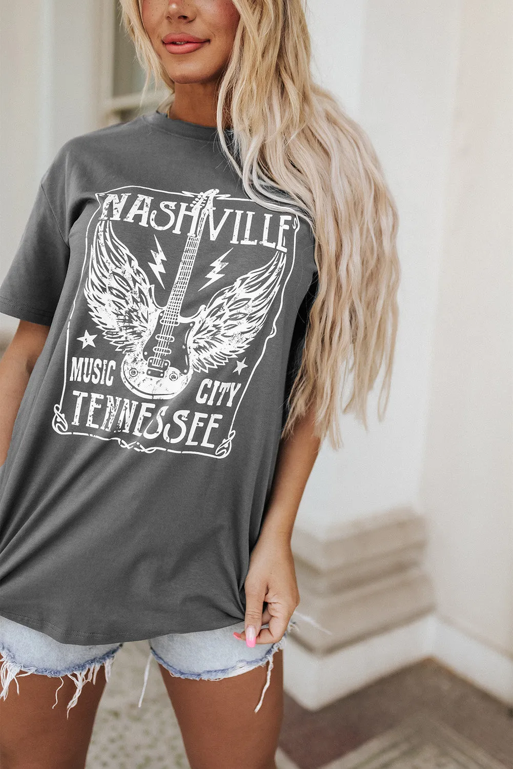 Guitar Print Graphic Oversized Band Tee