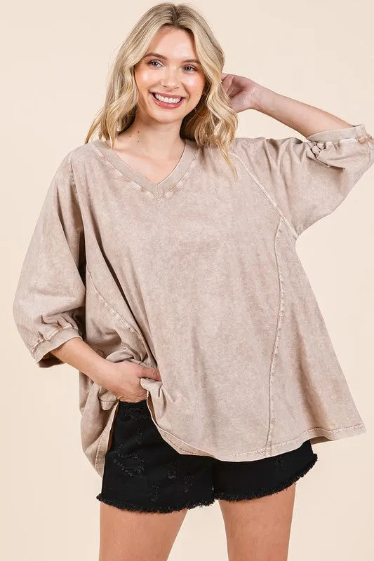 Hazel Blues® |  Mittoshop Mineral Wash V-Neck Raglan A-Line Relaxed Top