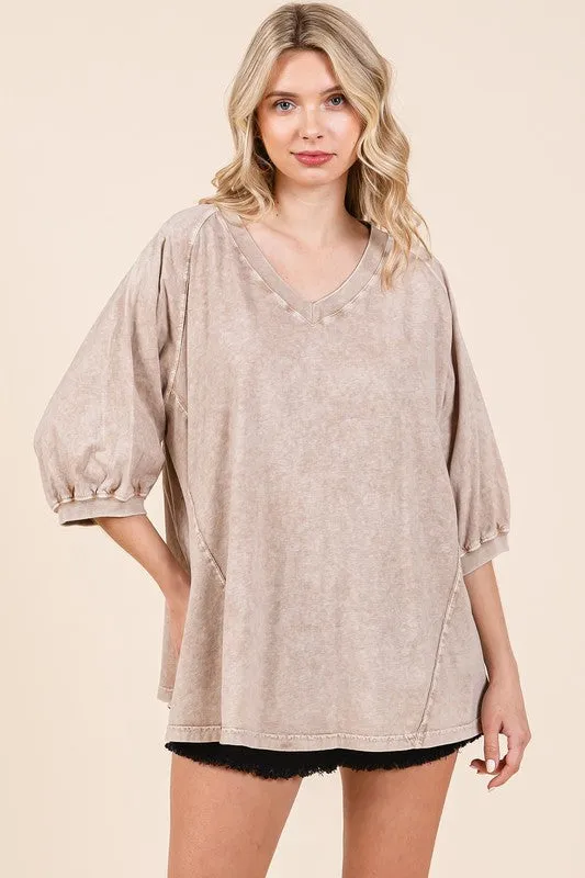 Hazel Blues® |  Mittoshop Mineral Wash V-Neck Raglan A-Line Relaxed Top