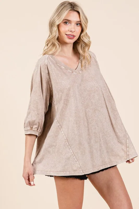 Hazel Blues® |  Mittoshop Mineral Wash V-Neck Raglan A-Line Relaxed Top
