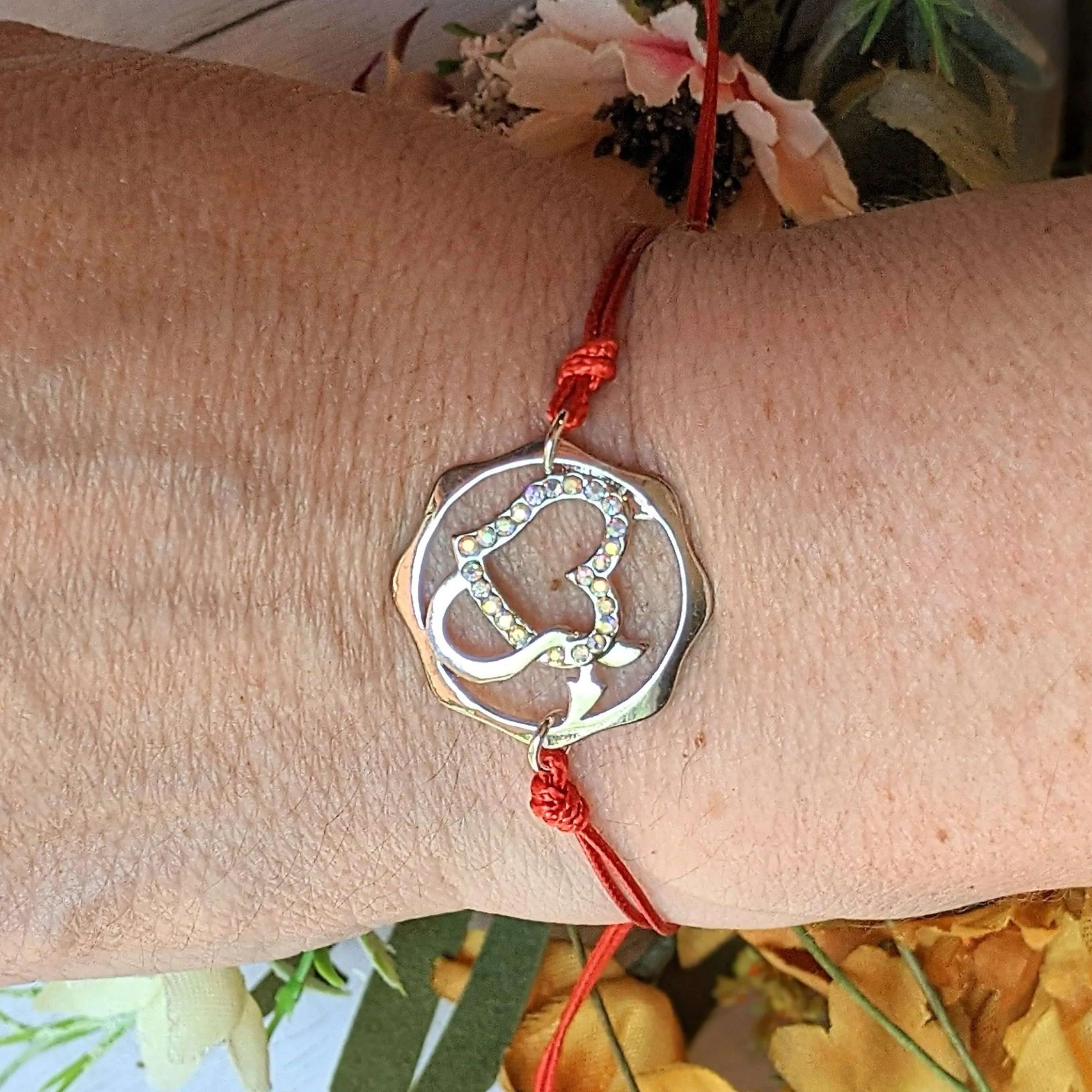Heart and Devil's Tail Rhinestone Waxed Cord surfer Bracelet