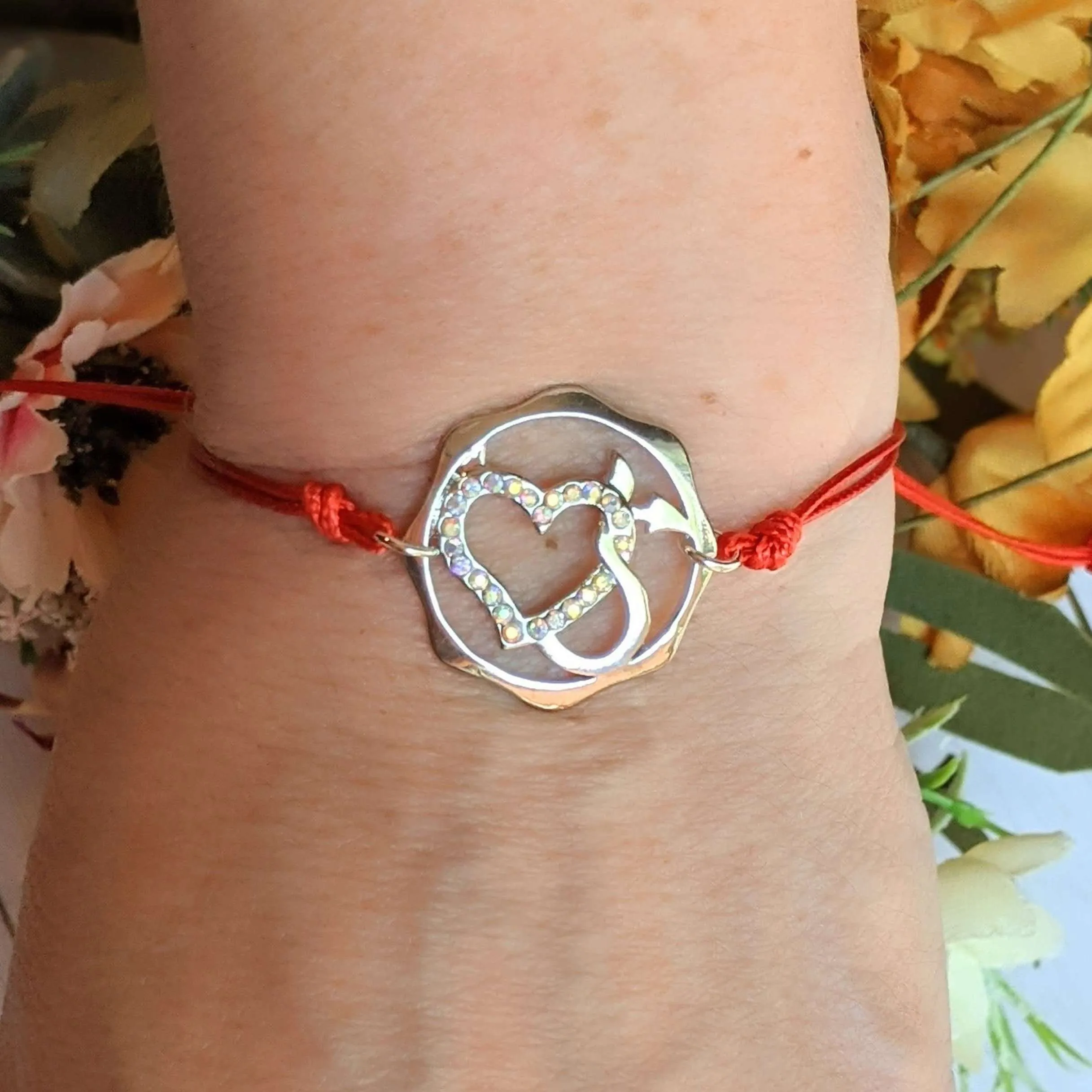 Heart and Devil's Tail Rhinestone Waxed Cord surfer Bracelet