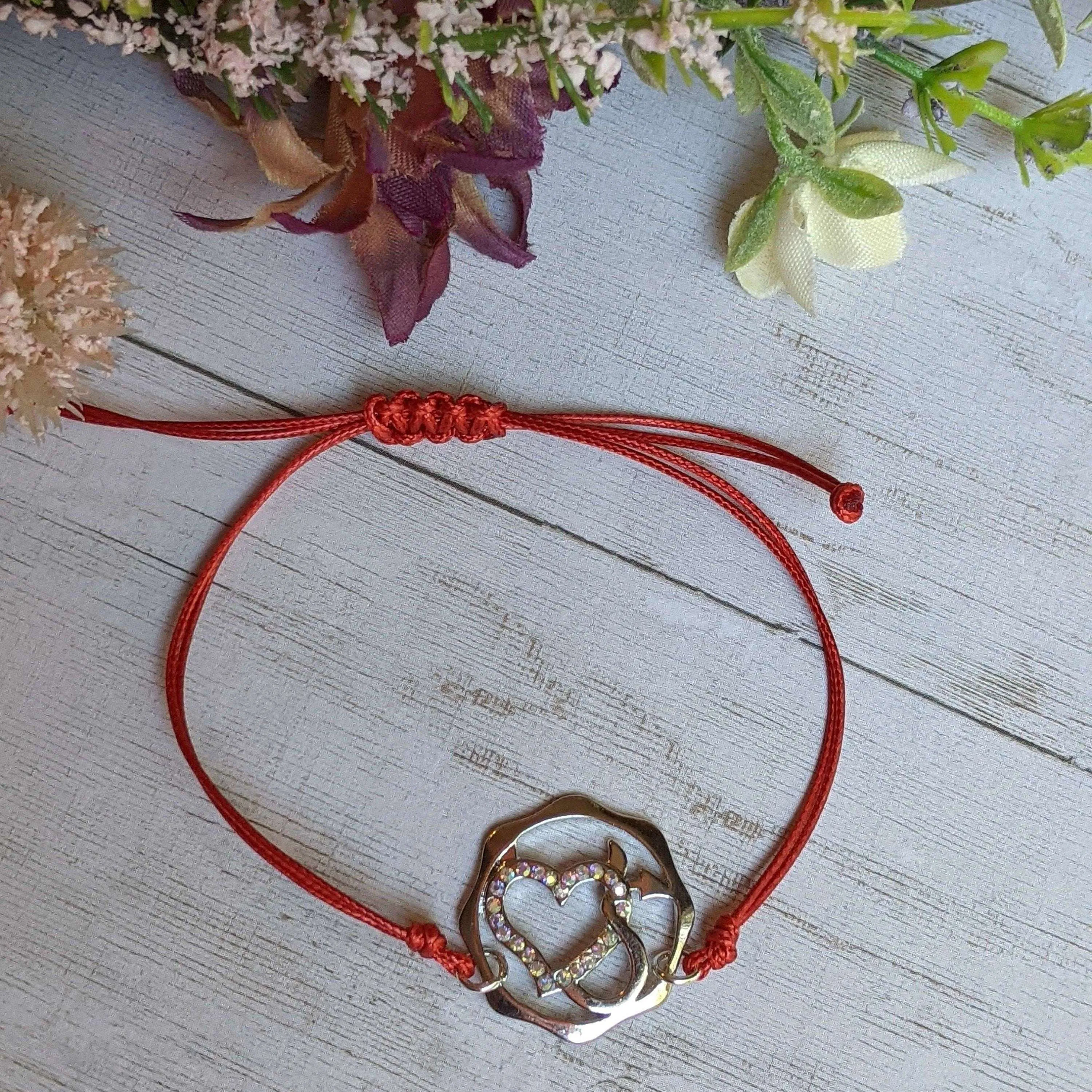 Heart and Devil's Tail Rhinestone Waxed Cord surfer Bracelet