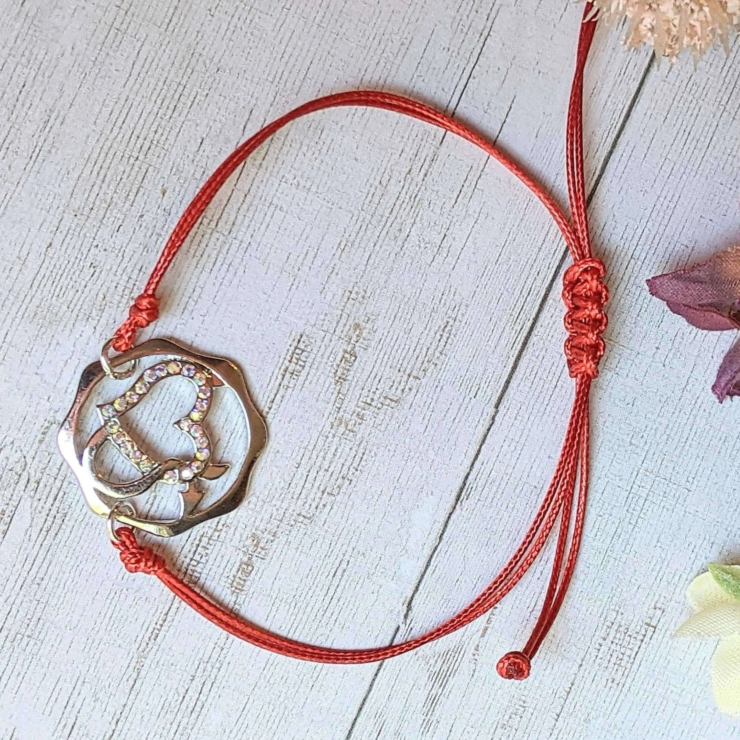 Heart and Devil's Tail Rhinestone Waxed Cord surfer Bracelet