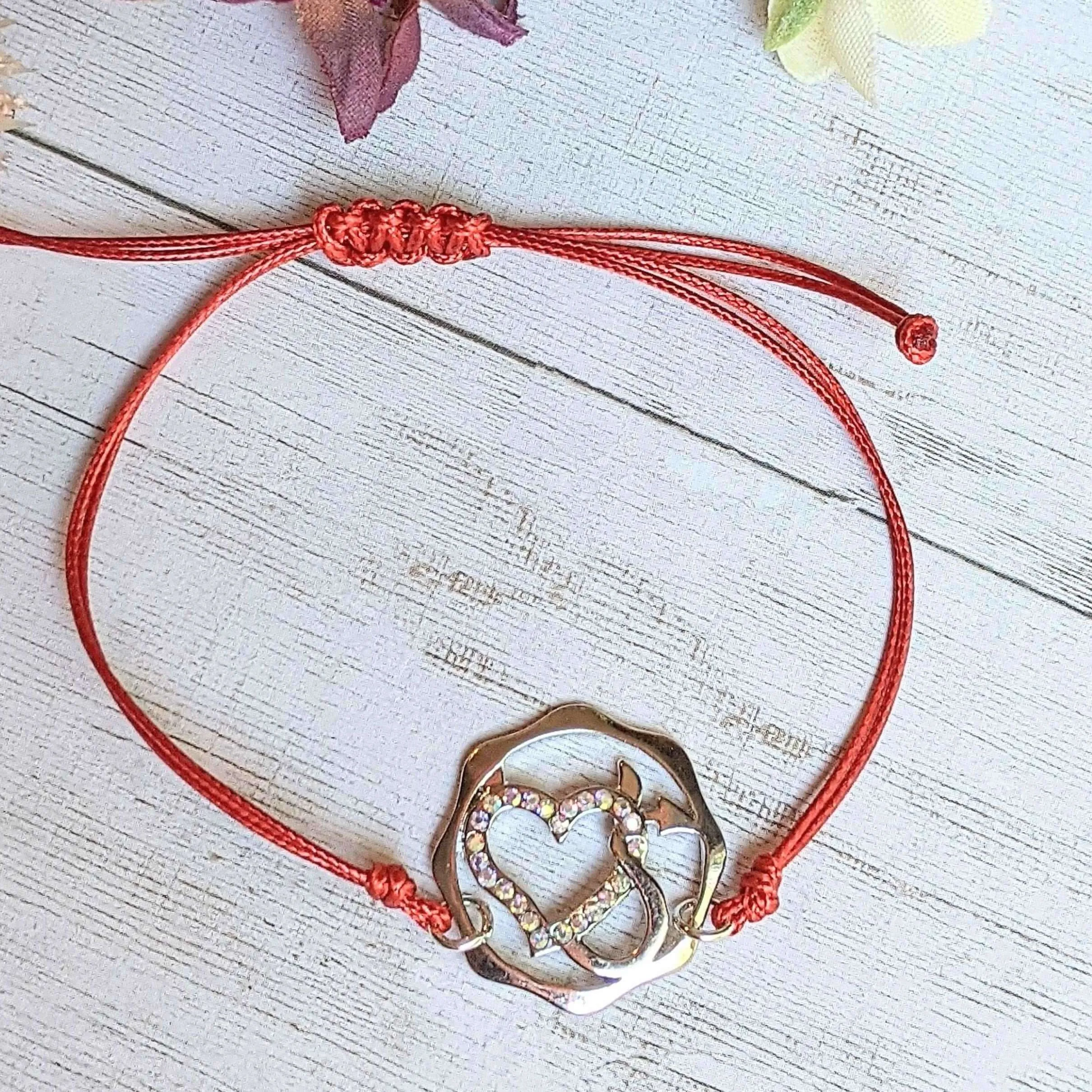 Heart and Devil's Tail Rhinestone Waxed Cord surfer Bracelet