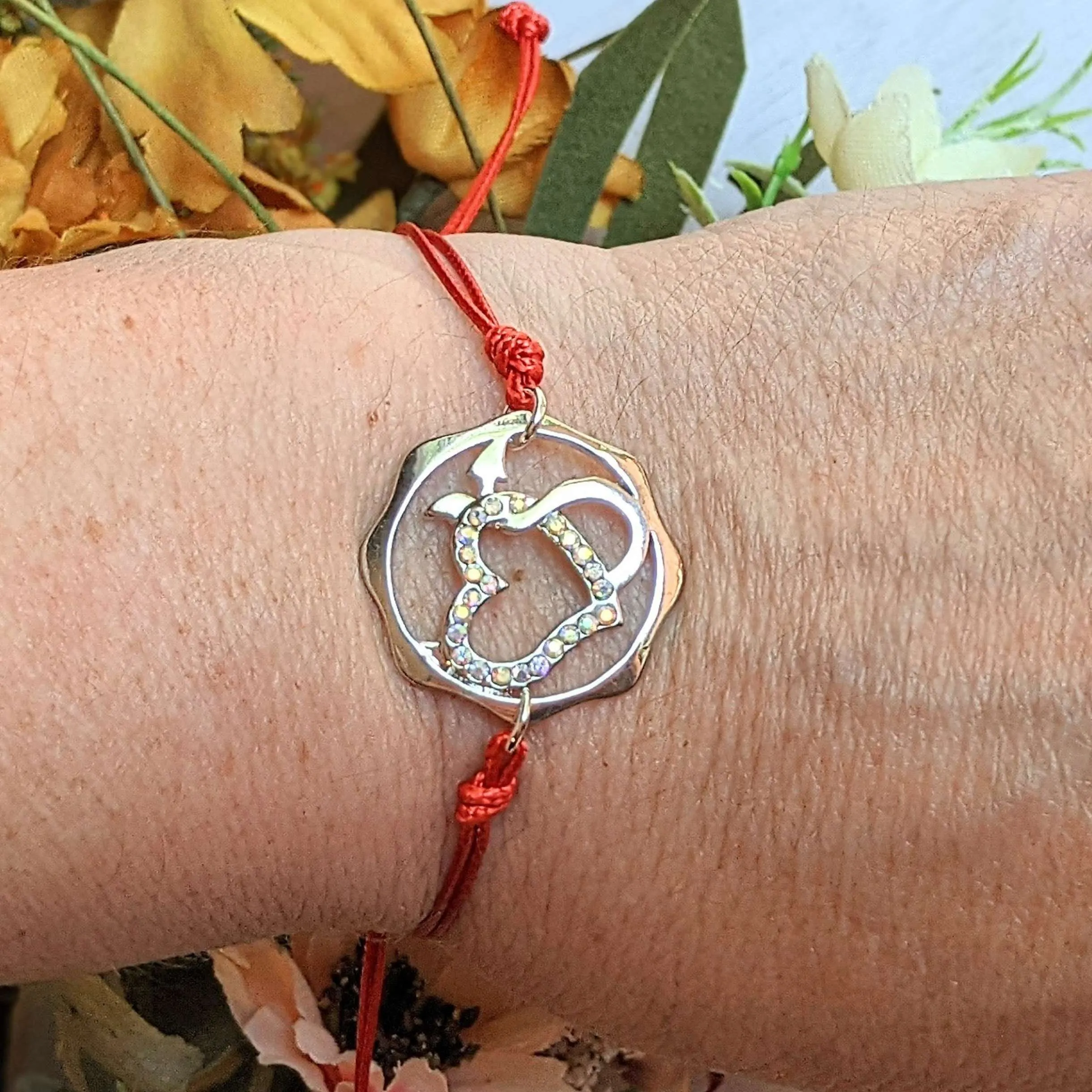 Heart and Devil's Tail Rhinestone Waxed Cord surfer Bracelet
