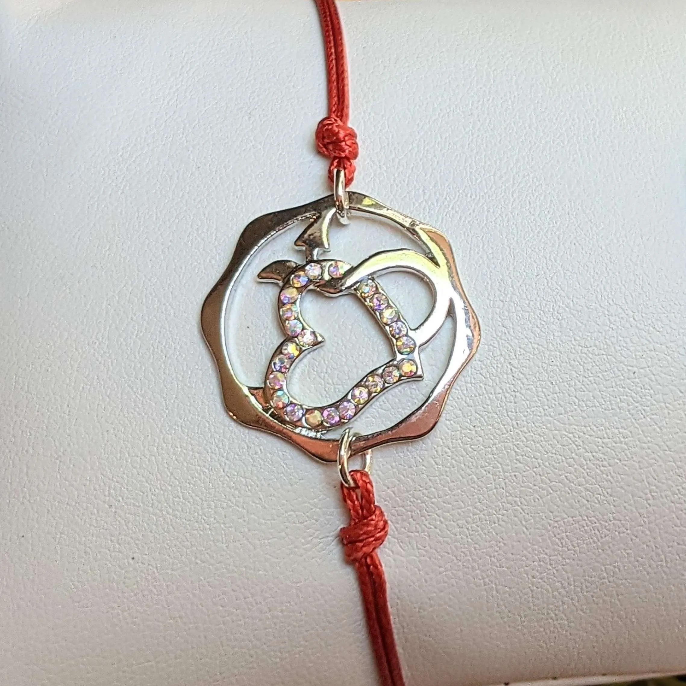 Heart and Devil's Tail Rhinestone Waxed Cord surfer Bracelet