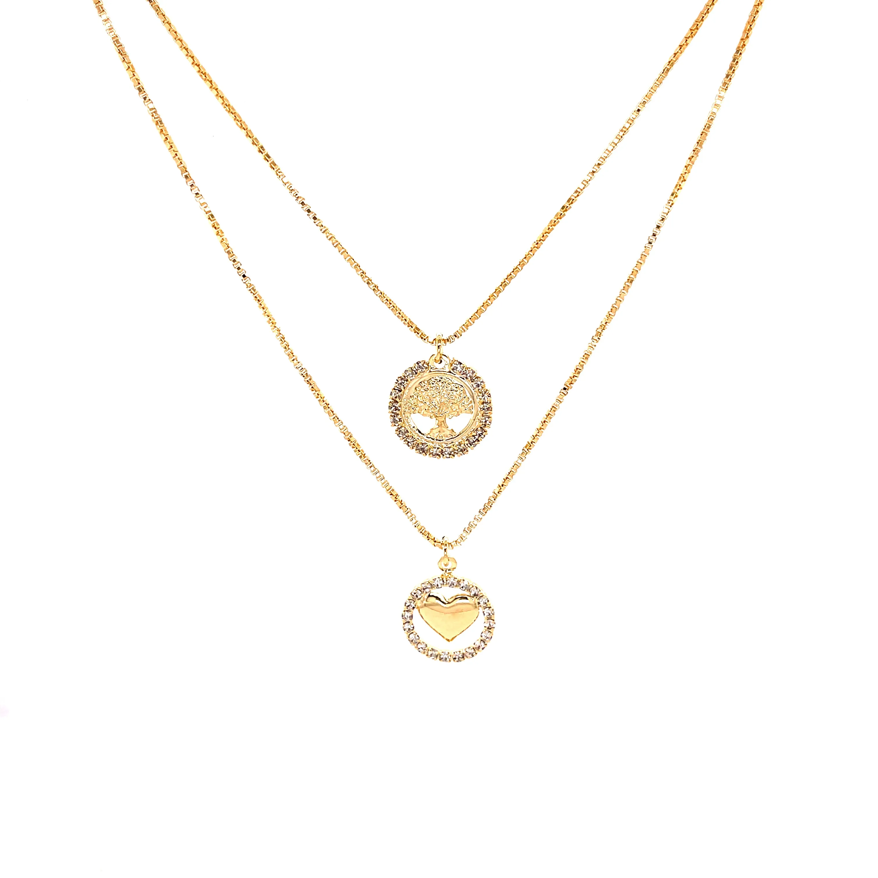 Heart and Tree of Life Zirconia Stones Pendant Necklace box link chain