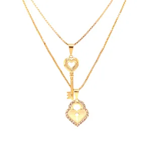 Heart Lock and Key Zirconia Stones Pendant Stacked necklace