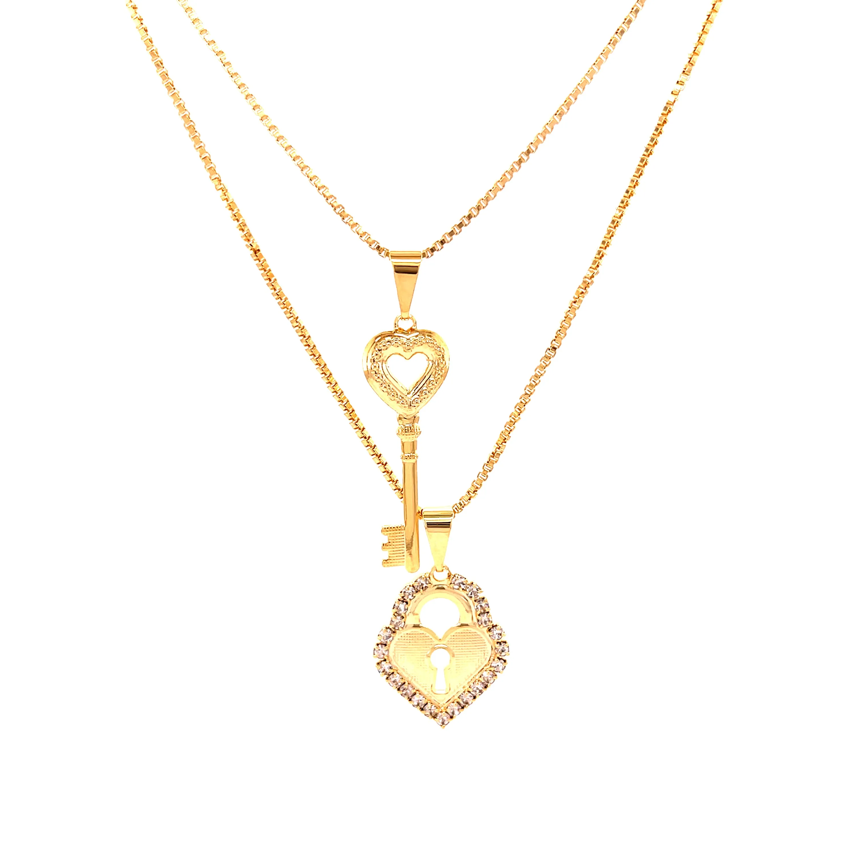 Heart Lock and Key Zirconia Stones Pendant Stacked necklace