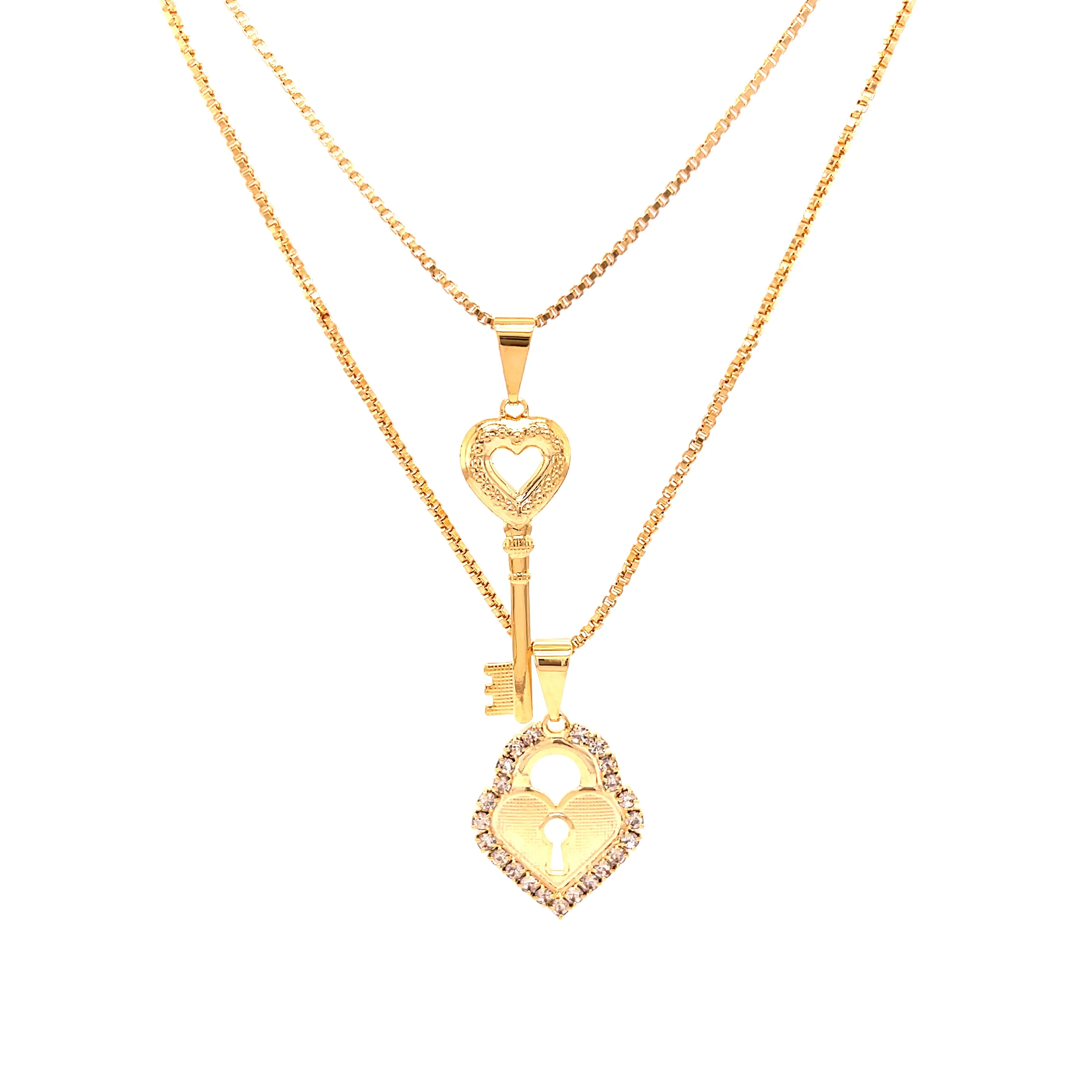 Heart Lock and Key Zirconia Stones Pendant Stacked necklace