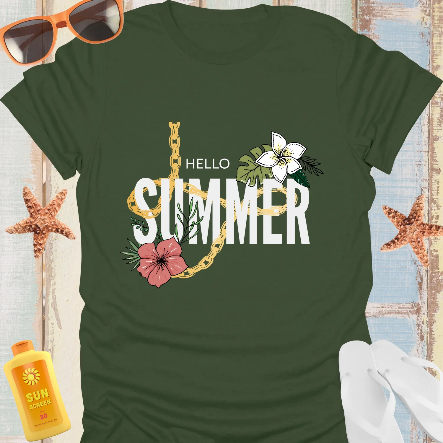 Hello Summer Tshirt Vibrant Tropical Design Hibiscus