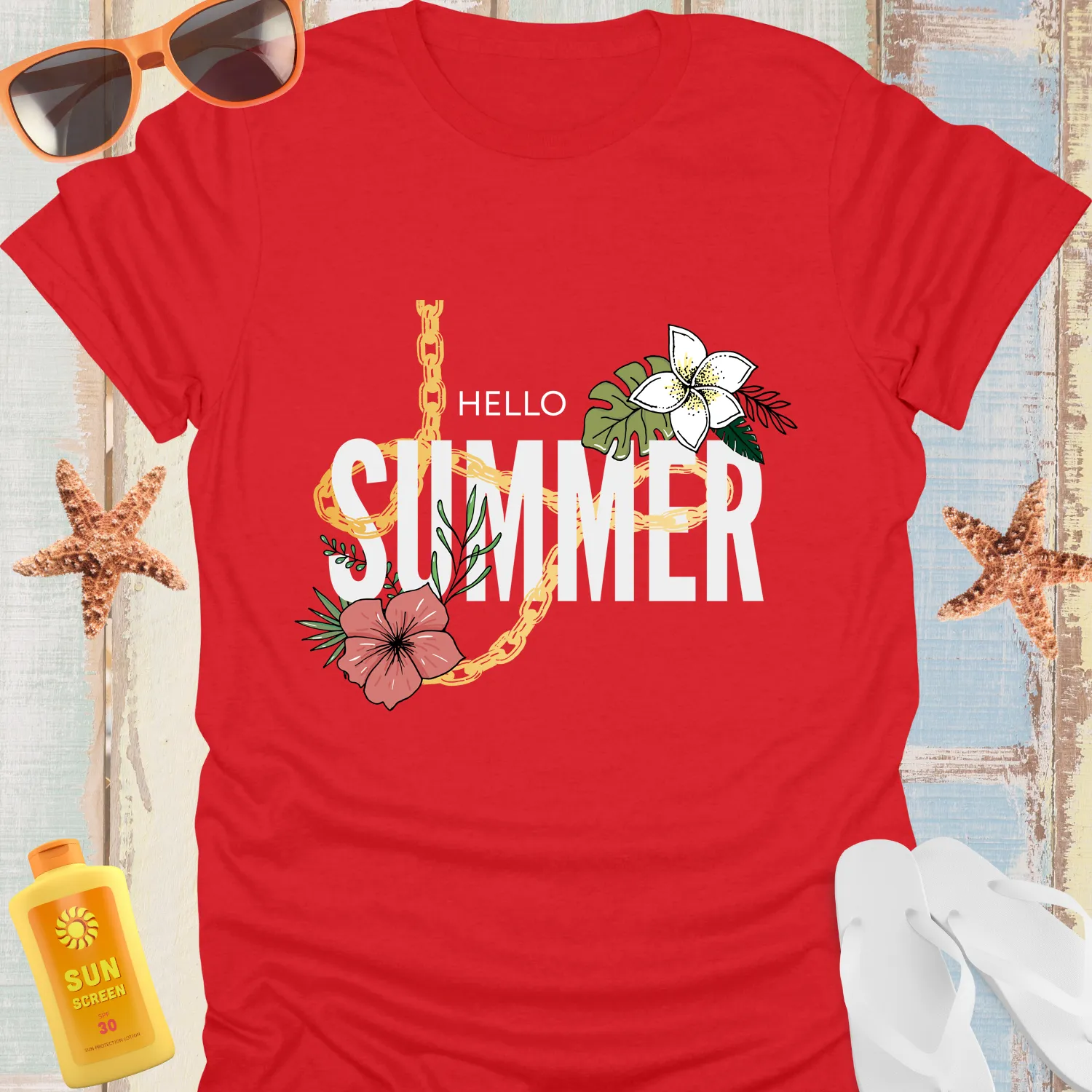 Hello Summer Tshirt Vibrant Tropical Design Hibiscus