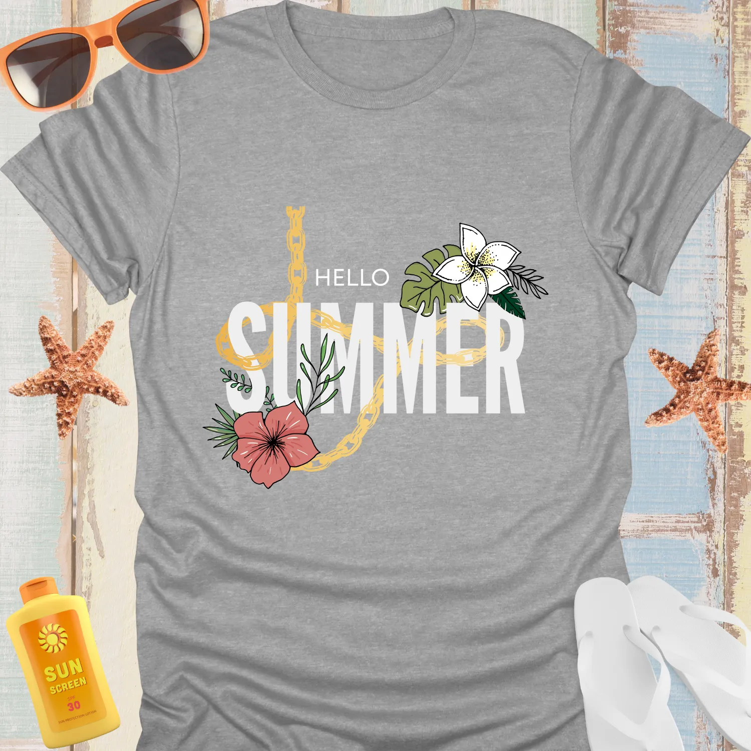 Hello Summer Tshirt Vibrant Tropical Design Hibiscus