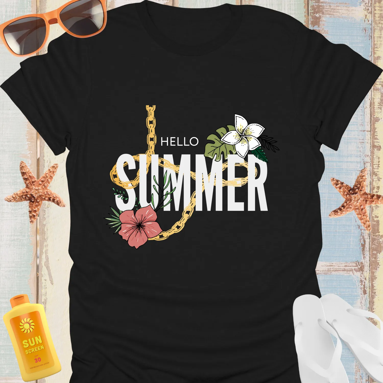 Hello Summer Tshirt Vibrant Tropical Design Hibiscus