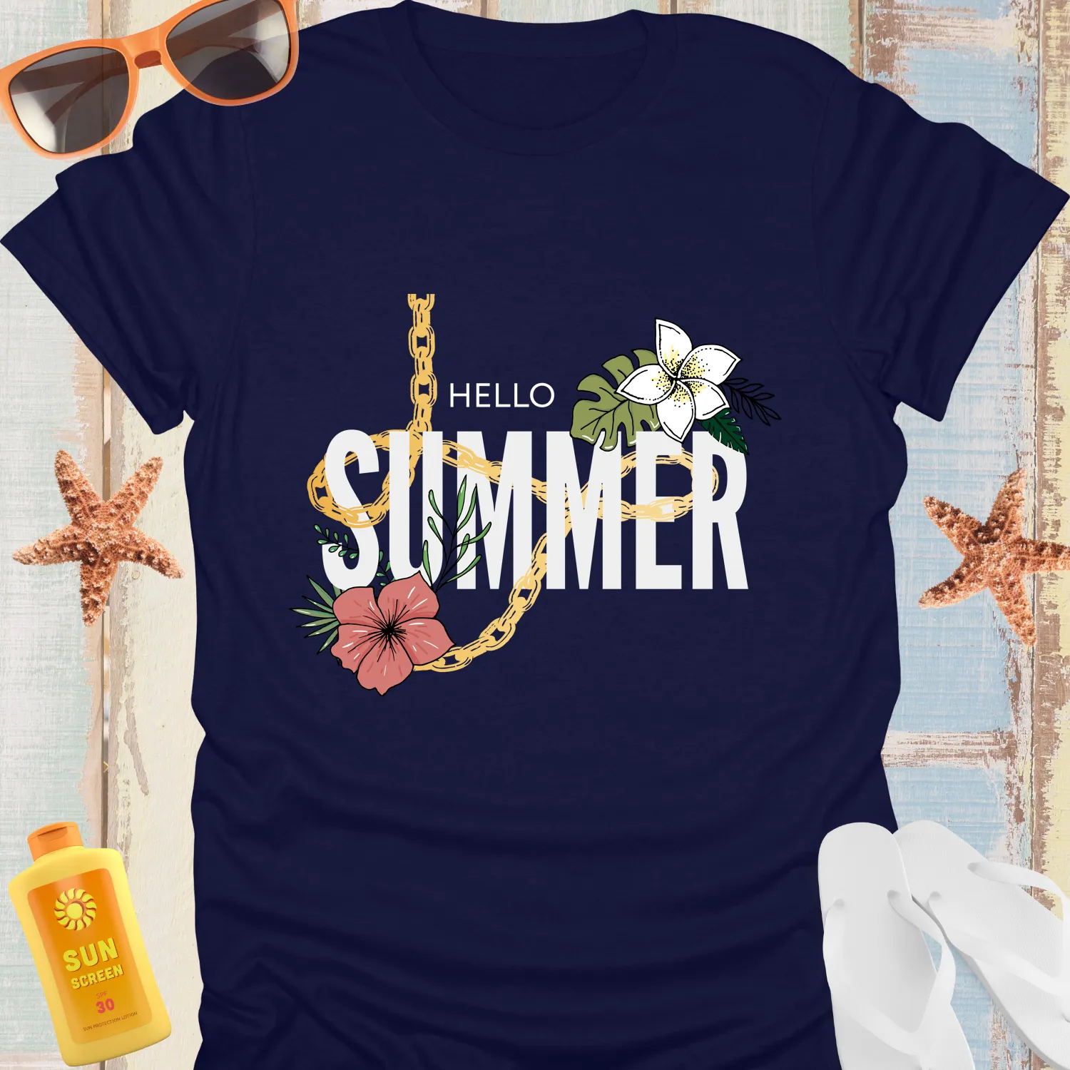 Hello Summer Tshirt Vibrant Tropical Design Hibiscus