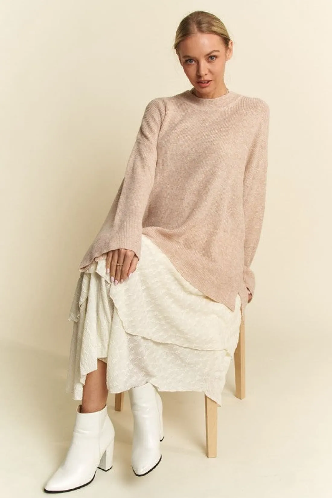 High-Low Round Neck Drop Shoulder Sweater in Oatmeal