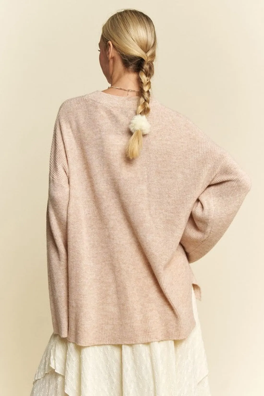 High-Low Round Neck Drop Shoulder Sweater in Oatmeal
