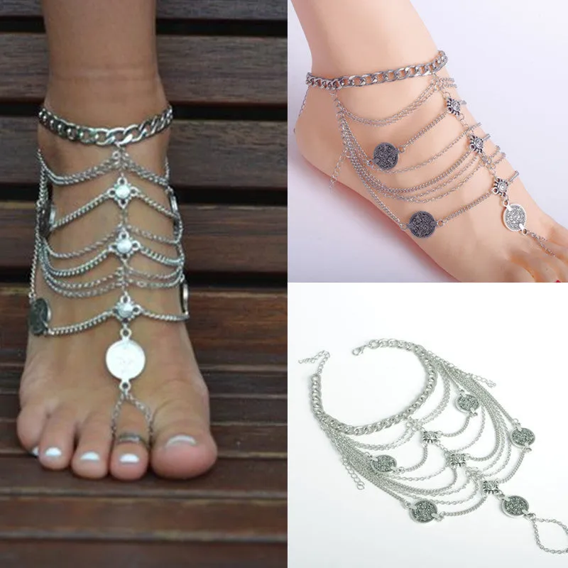 High Quality Women/Girl Silver Chain Fashion Bangle Handmade Floral Coin Boho Gypsy Beachy Ethnic Foot Anklet Bracelets Jewelry