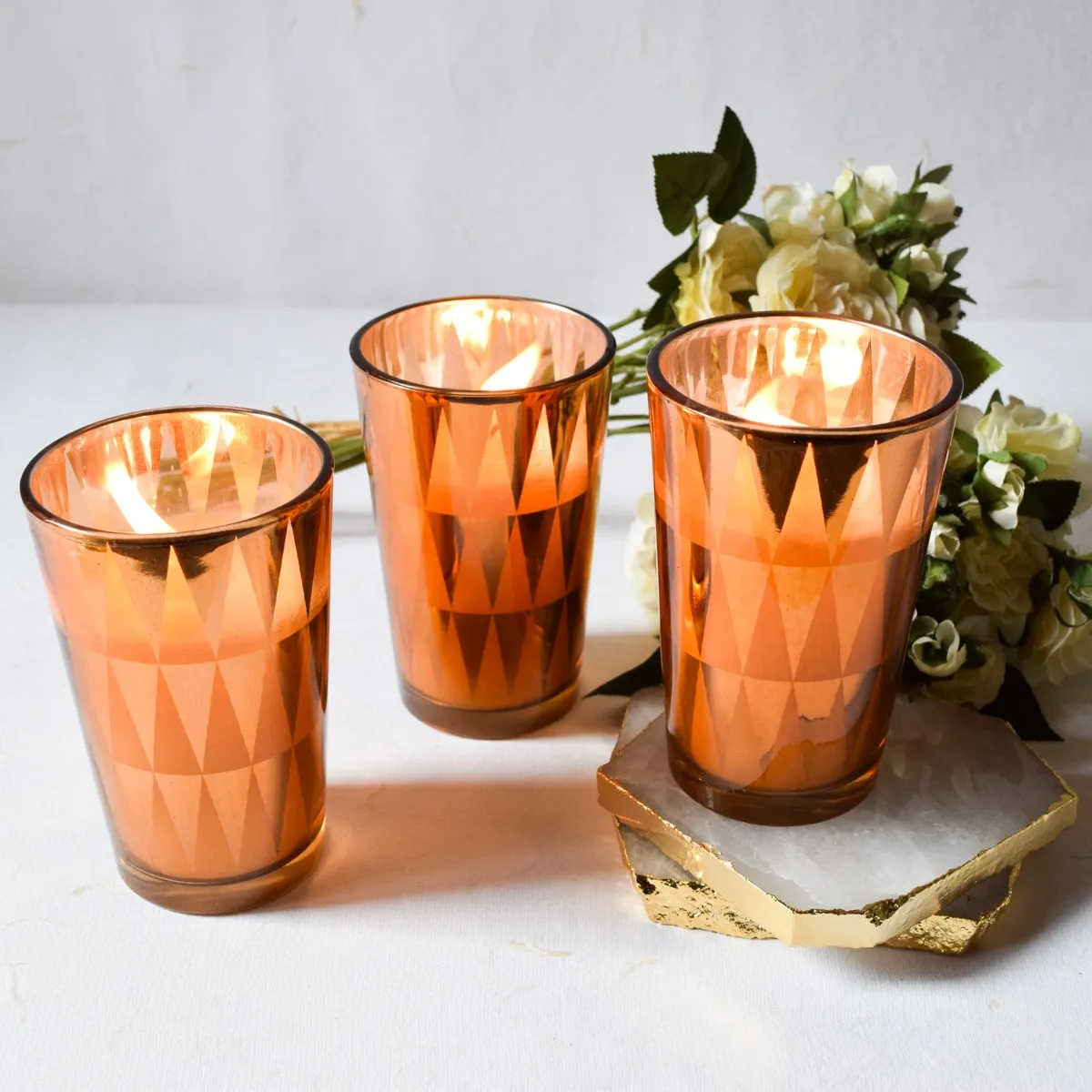Home Artisan Clarisse Triangle-Pattern Copper Gold Candles - Set of 3