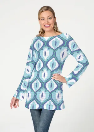 Ikat Buds Blue (8075) ~ Banded Boatneck Tunic