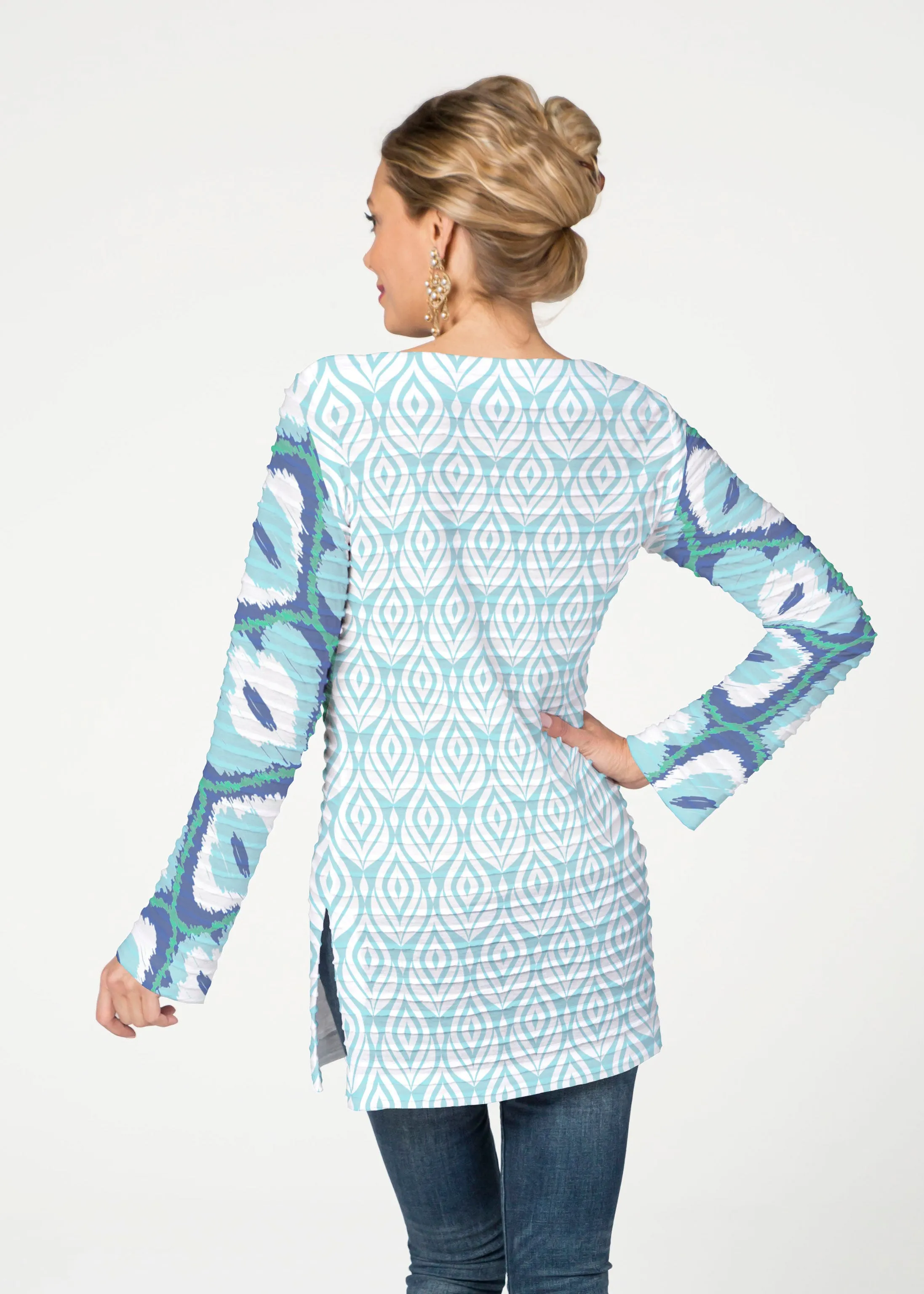 Ikat Buds Blue (8075) ~ Banded Boatneck Tunic