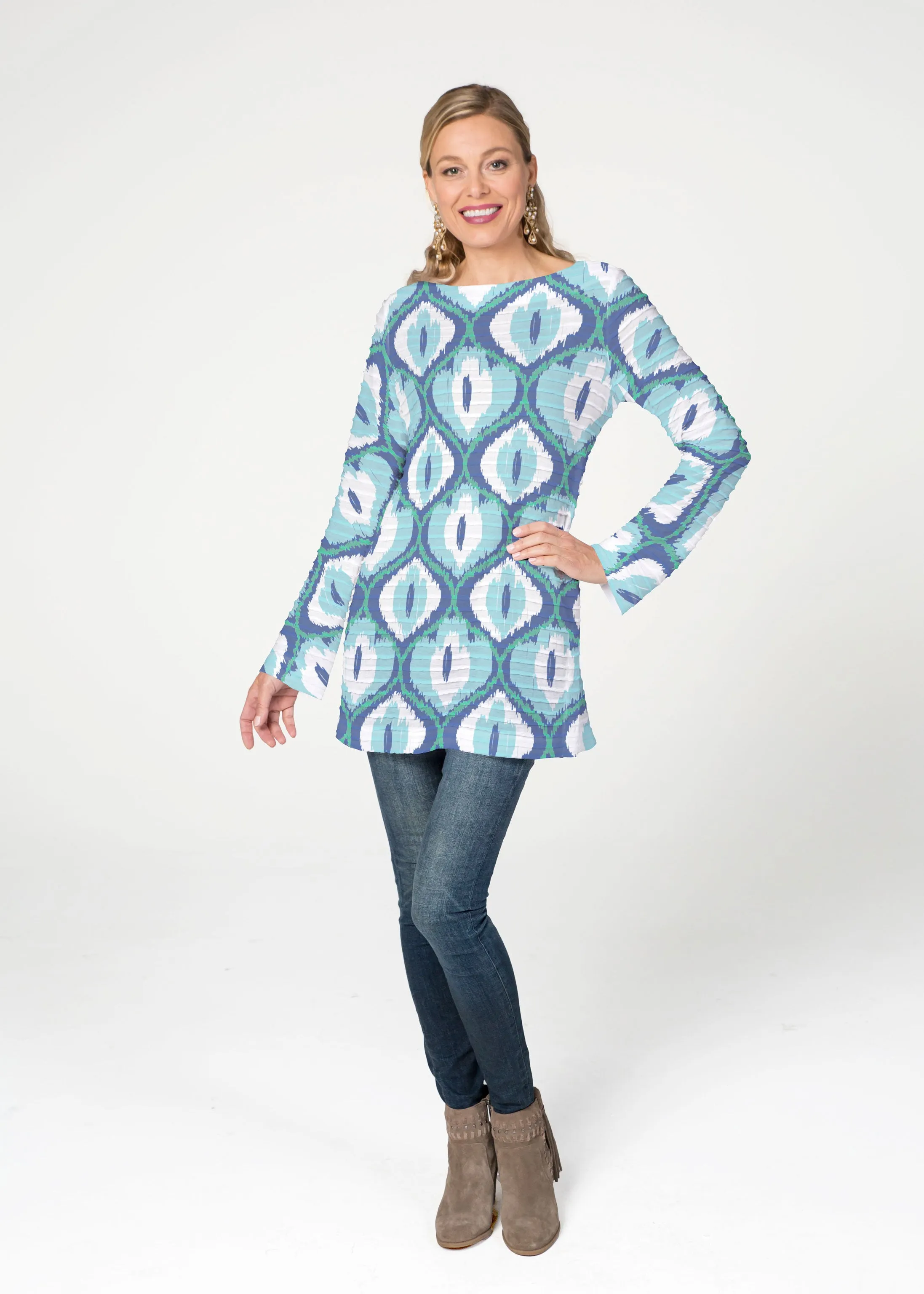 Ikat Buds Blue (8075) ~ Banded Boatneck Tunic