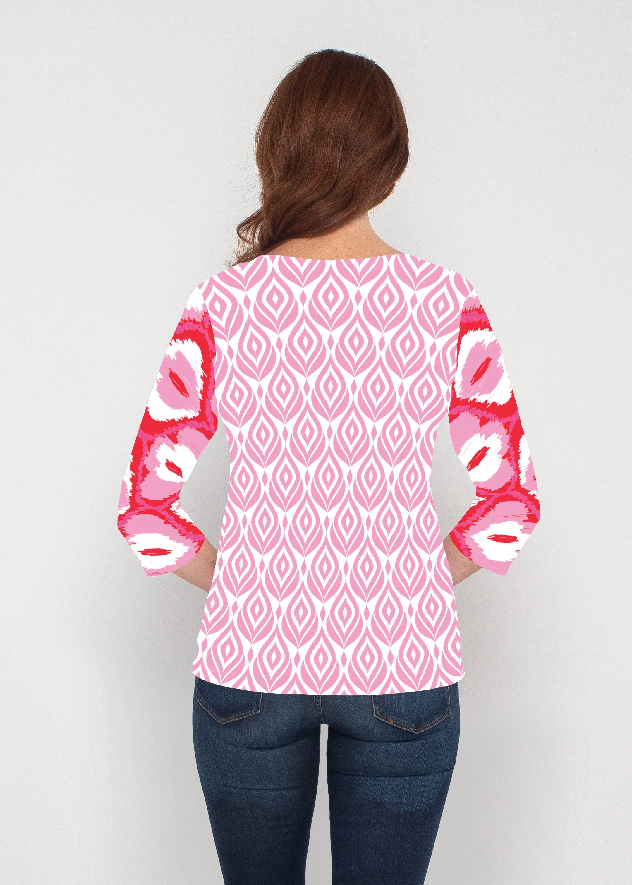 Ikat Buds Red/Pink (8096) ~ Signature 3/4 Sleeve V-Neck Top