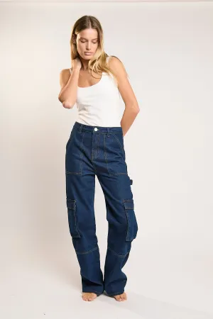 Indigo Wash Cargo Wide-leg Jeans