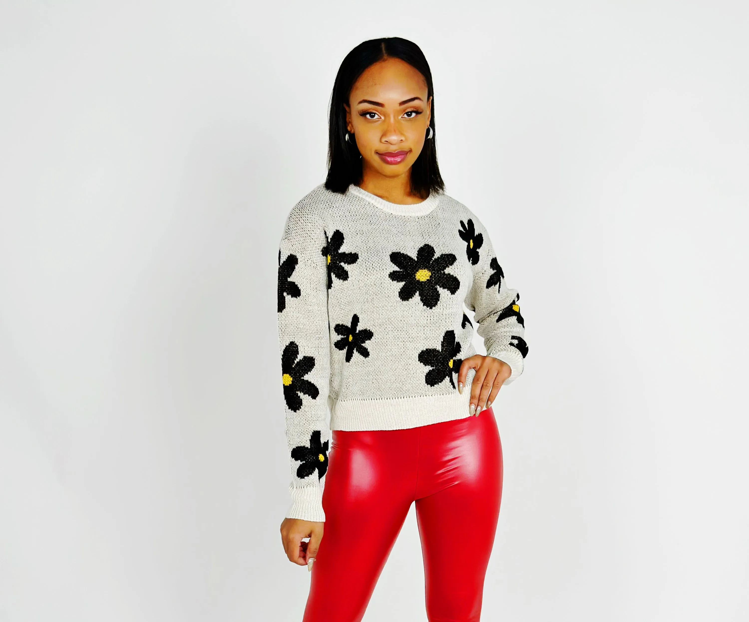 Ivory Round Neck Jacquard Sweater